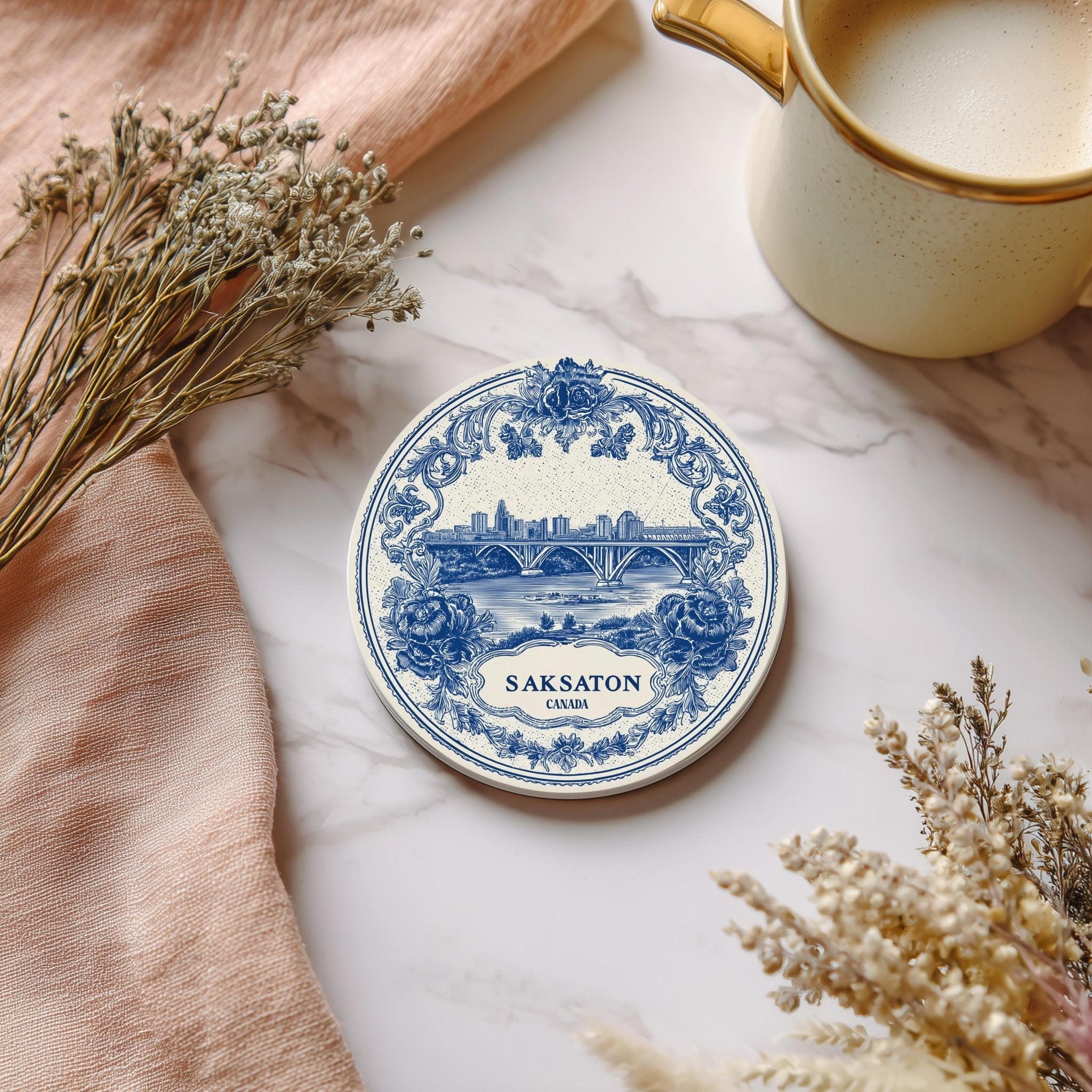 Saskatoon Canada Delftware Ceramic Coaster, Blue White Travel Gift, Vintage Home Decor Collectible - CuteBeePix