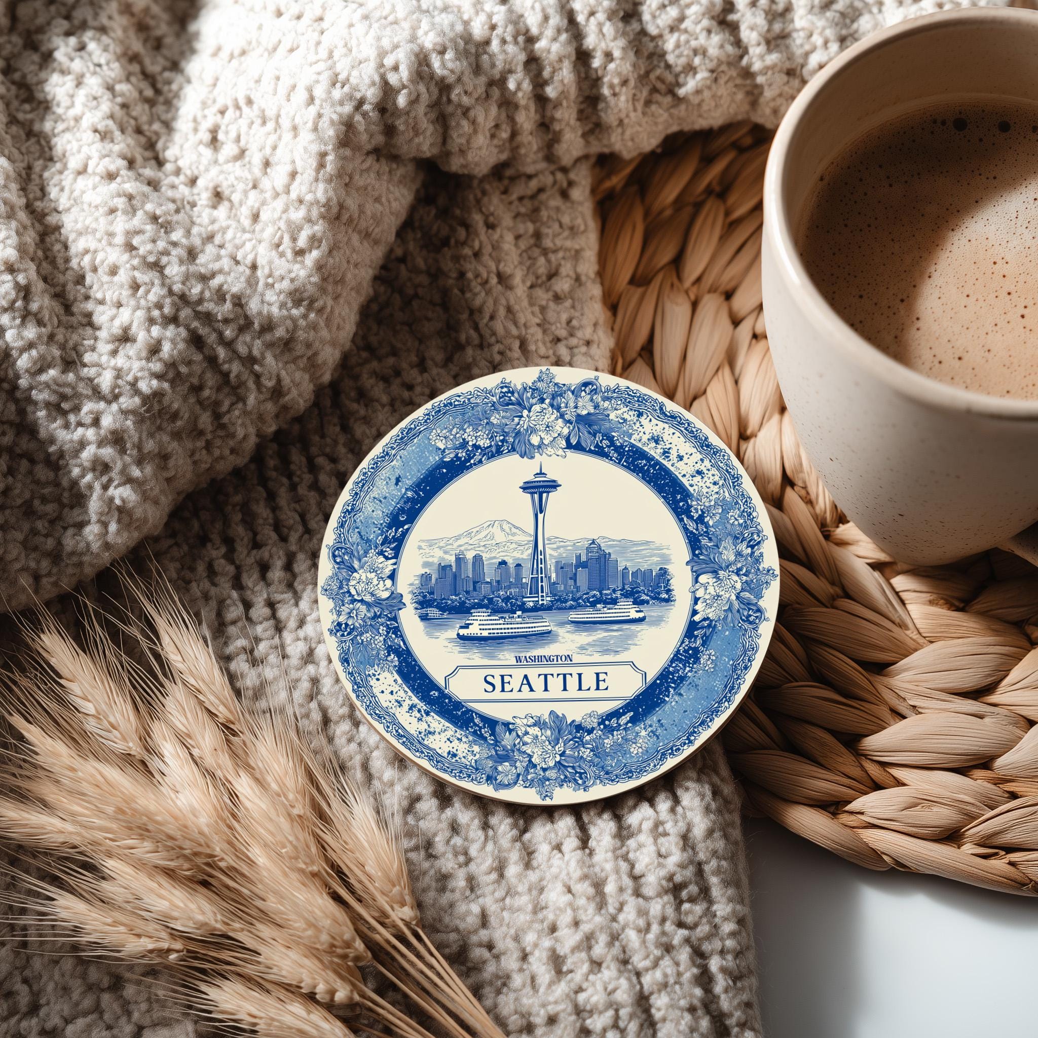 Seattle Washington Delftware Ceramic Coaster, Blue White Travel Gift, Vintage Home Decor Collectible - CuteBeePix