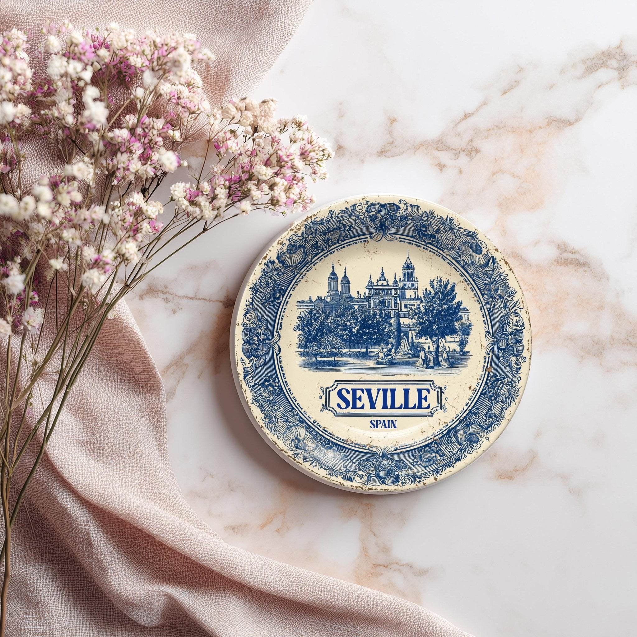 Seville Spain Delftware Ceramic Coaster, Blue White Travel Gift, Vintage Home Decor Collectible - CuteBeePix