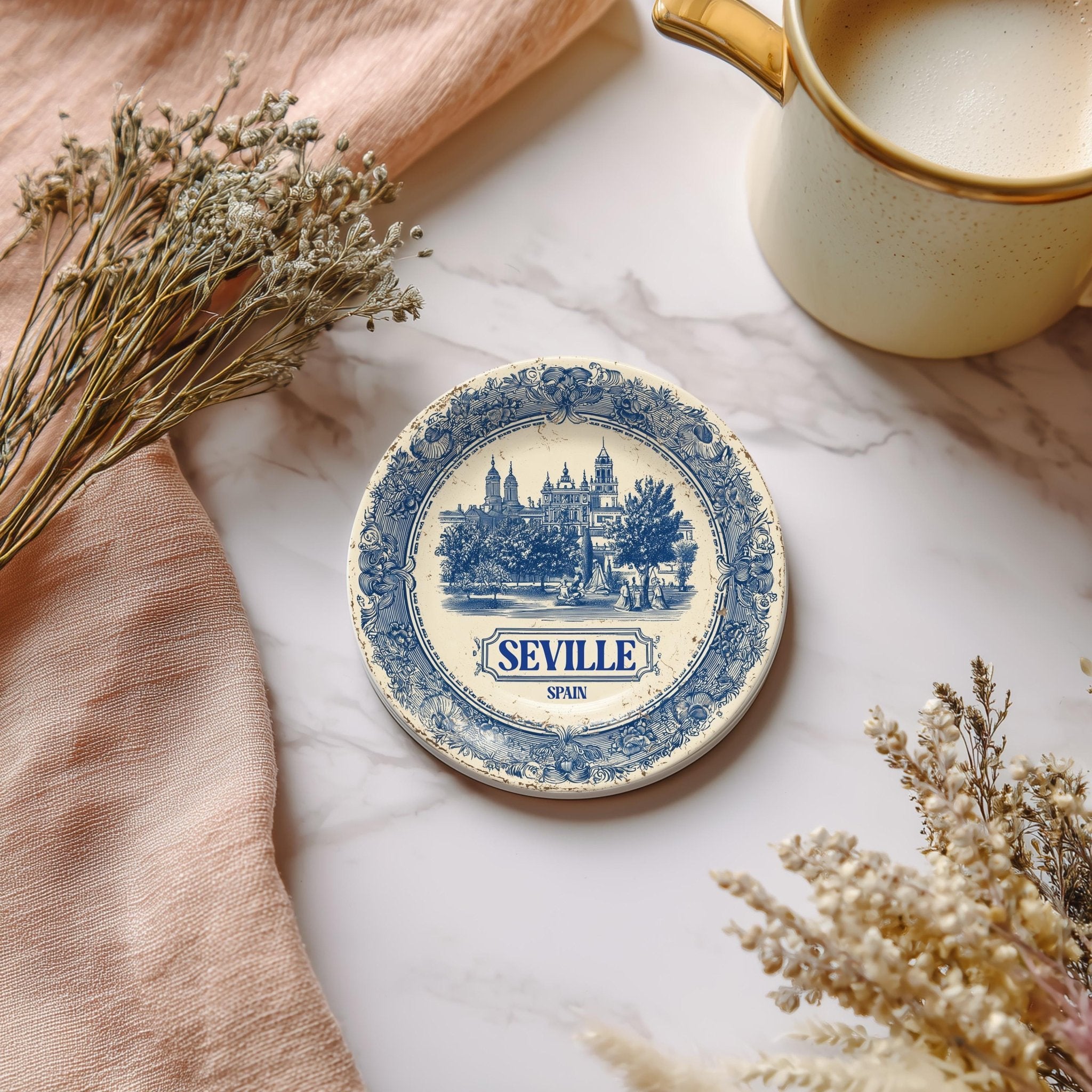 Seville Spain Delftware Ceramic Coaster, Blue White Travel Gift, Vintage Home Decor Collectible - CuteBeePix