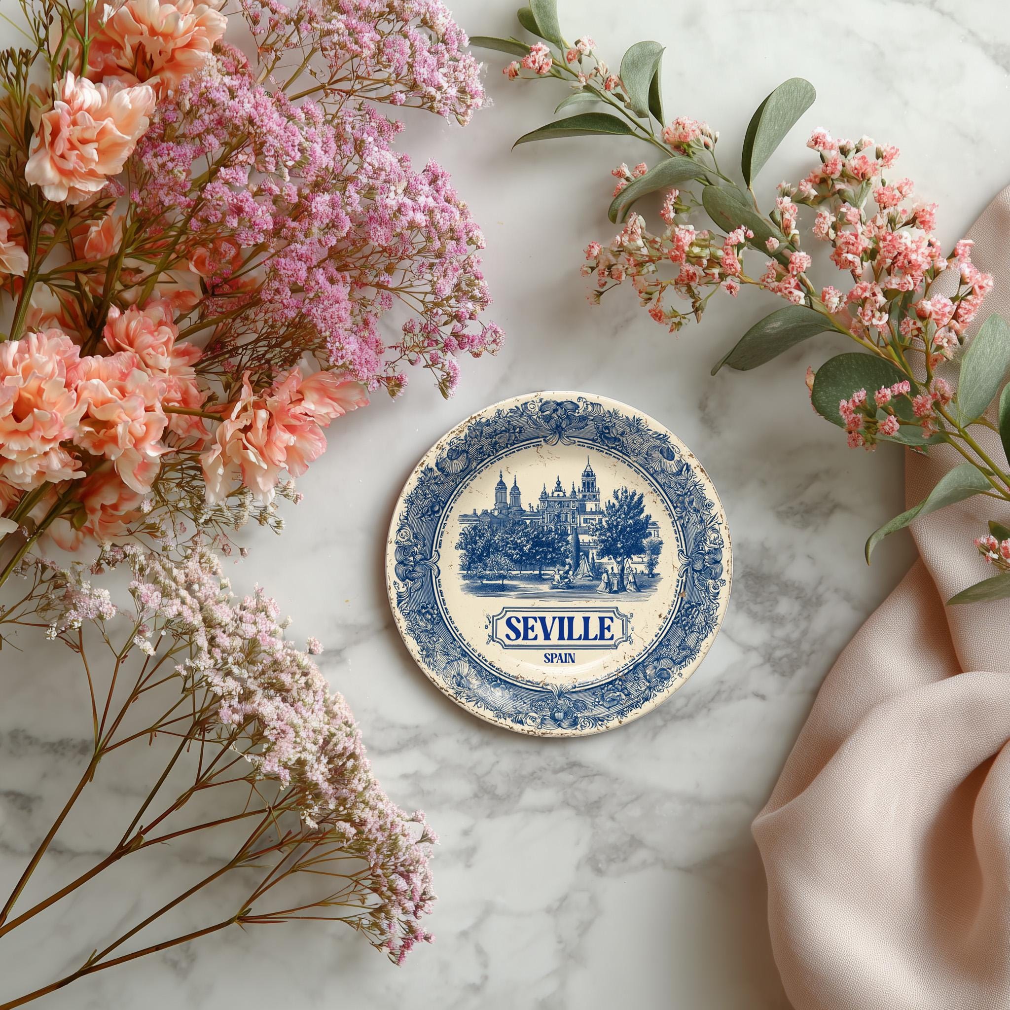 Seville Spain Delftware Ceramic Coaster, Blue White Travel Gift, Vintage Home Decor Collectible - CuteBeePix