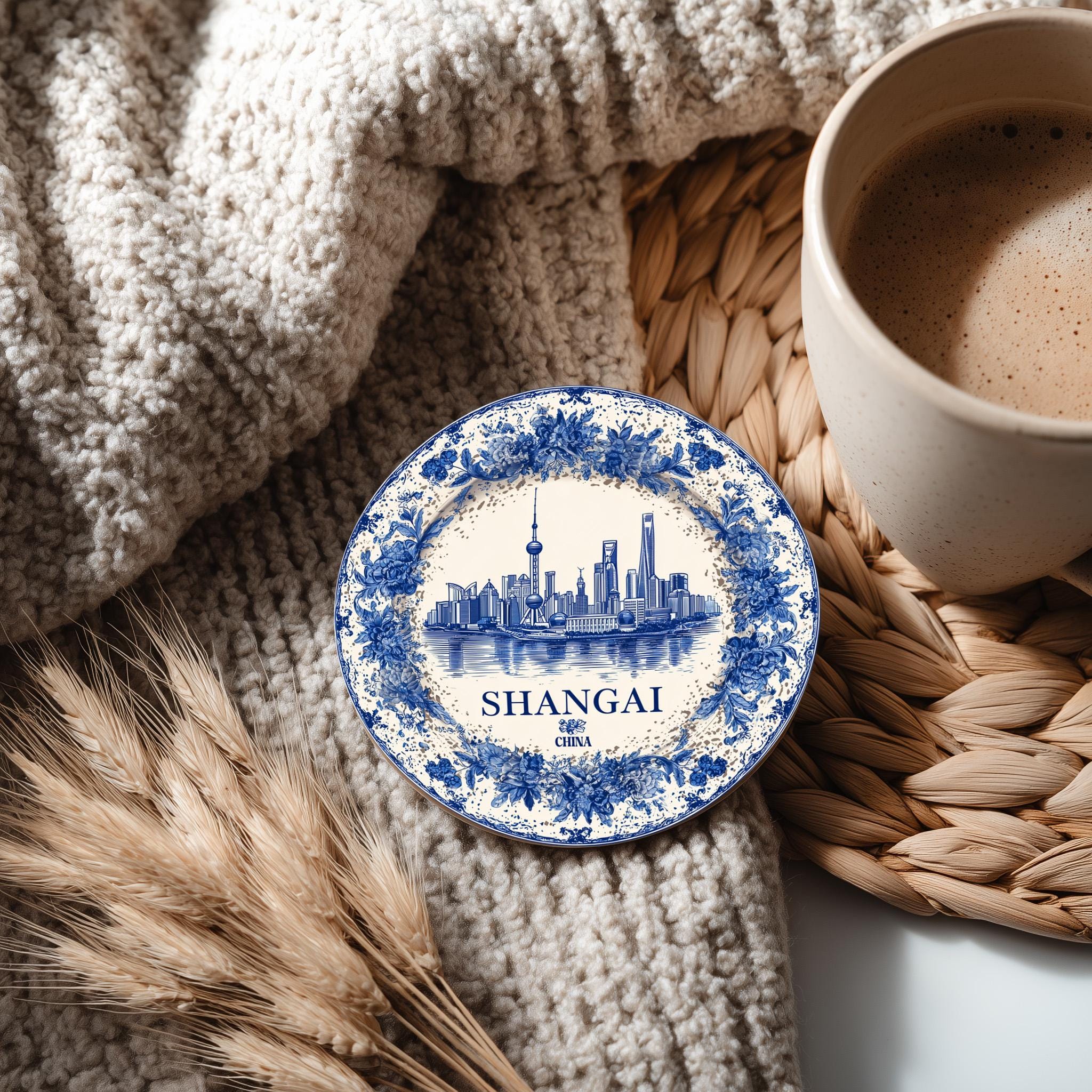 Shanghai China Delftware Ceramic Coaster, Blue White Travel Gift, Vintage Home Decor Collectible - CuteBeePix