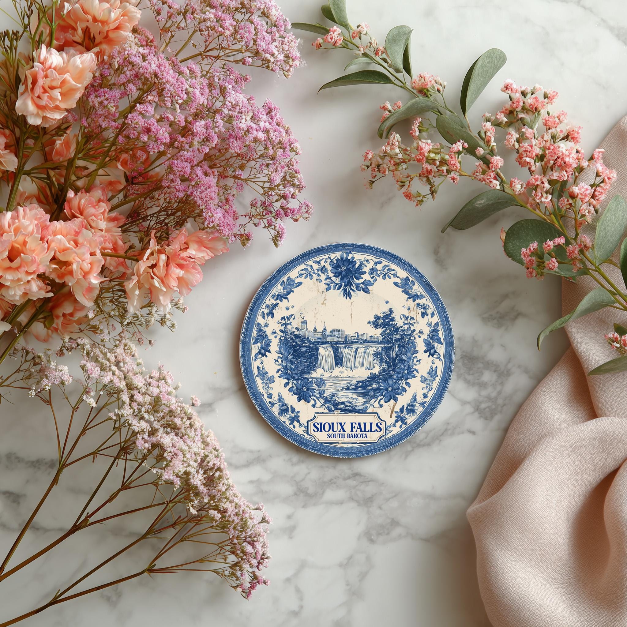 Sioux Falls South Dakota Delftware Ceramic Coaster, Blue White Travel Gift, Vintage Home Decor Collectible - CuteBeePix