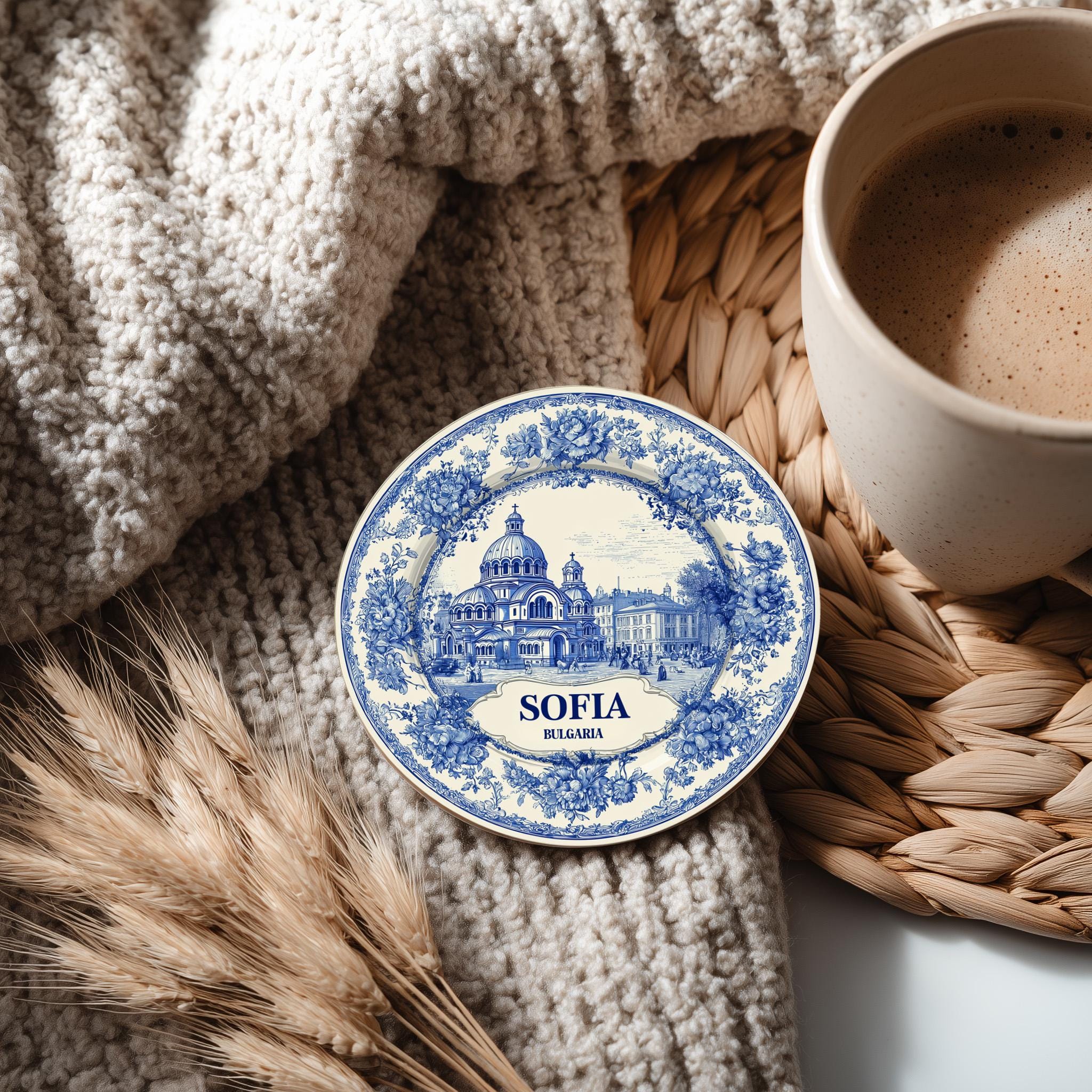 Sofia Bulgaria Delftware Ceramic Coaster, Blue White Travel Gift, Vintage Home Decor Collectible - CuteBeePix