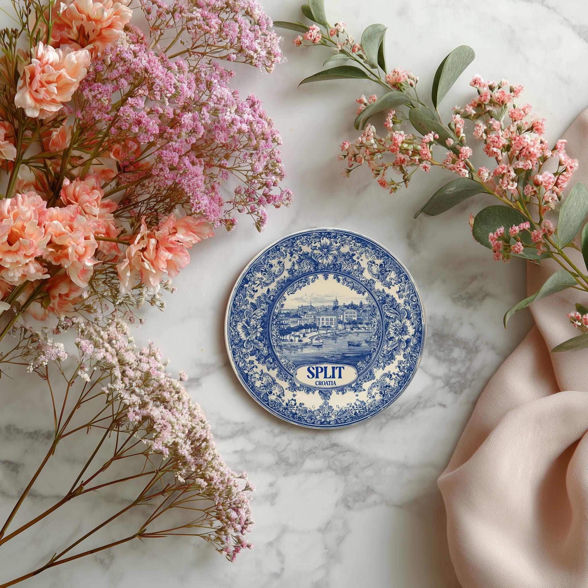 Split Croatia Delftware Ceramic Coaster, Blue White Travel Gift, Vintage Home Decor Collectible - CuteBeePix
