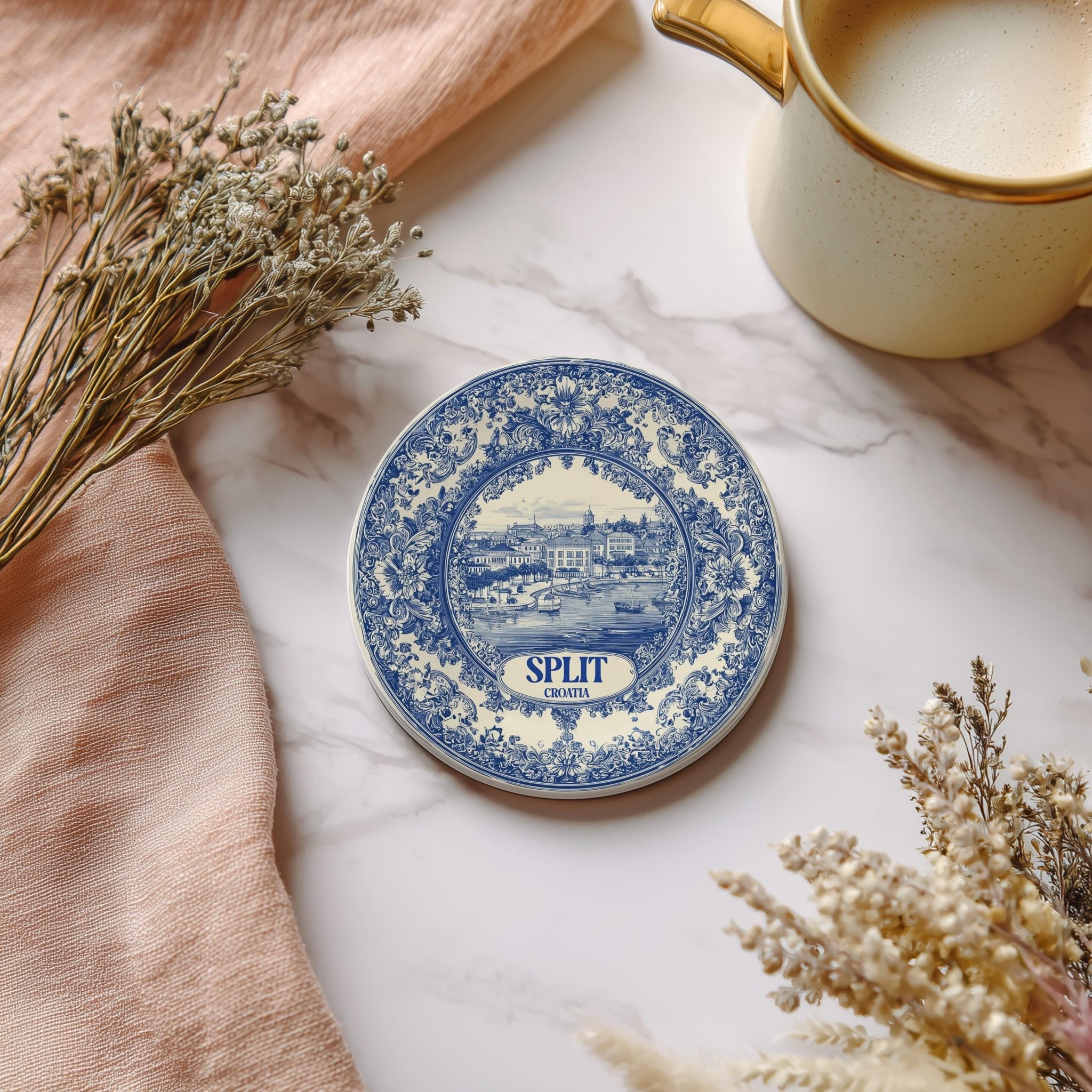 Split Croatia Delftware Ceramic Coaster, Blue White Travel Gift, Vintage Home Decor Collectible - CuteBeePix