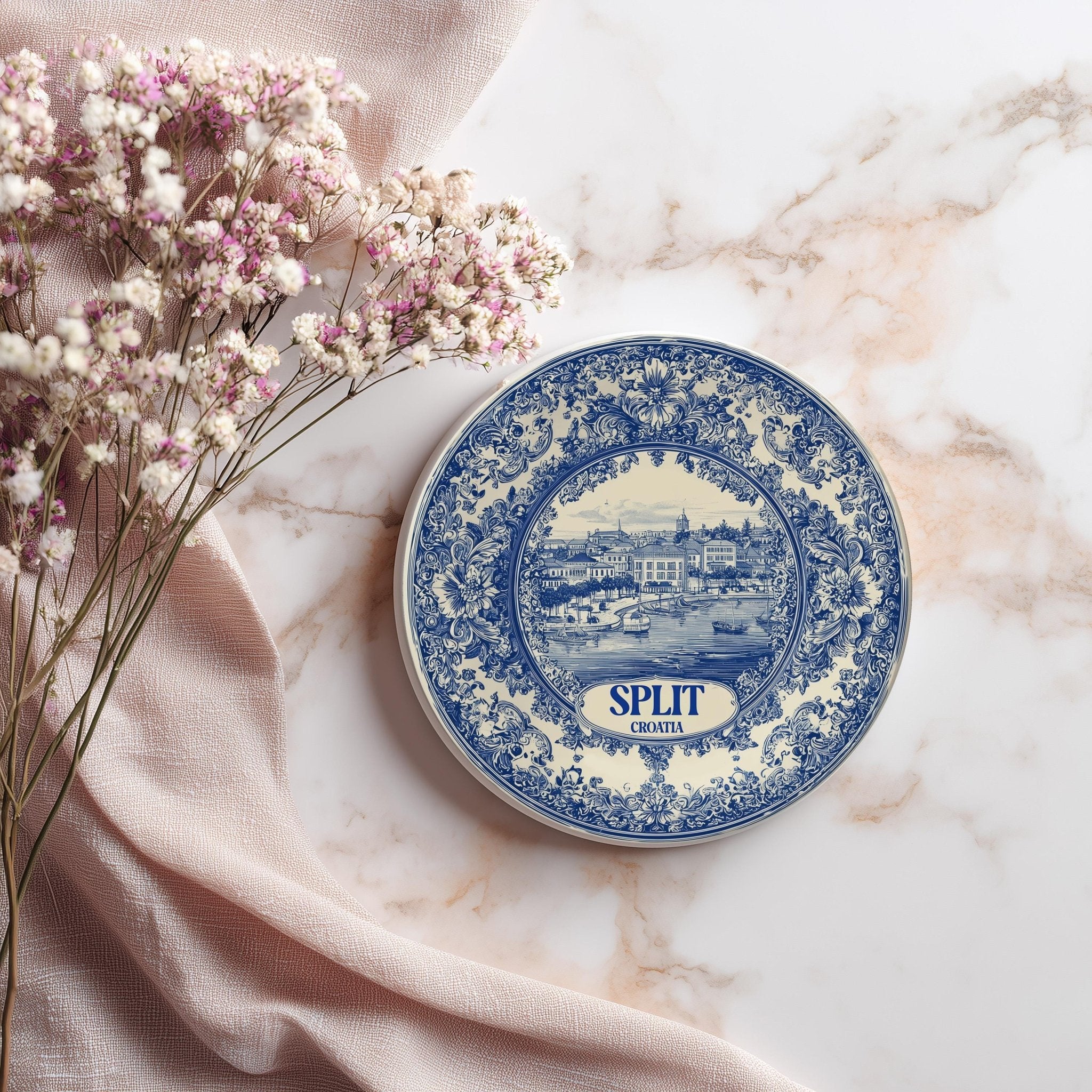 Split Croatia Delftware Ceramic Coaster, Blue White Travel Gift, Vintage Home Decor Collectible - CuteBeePix
