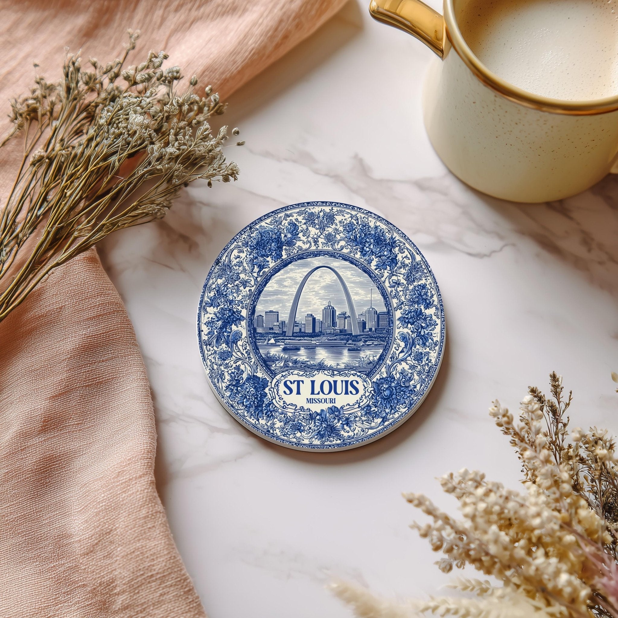St Louis Missouri Delftware Ceramic Coaster, Blue White Travel Gift, Vintage Home Decor Collectible - CuteBeePix