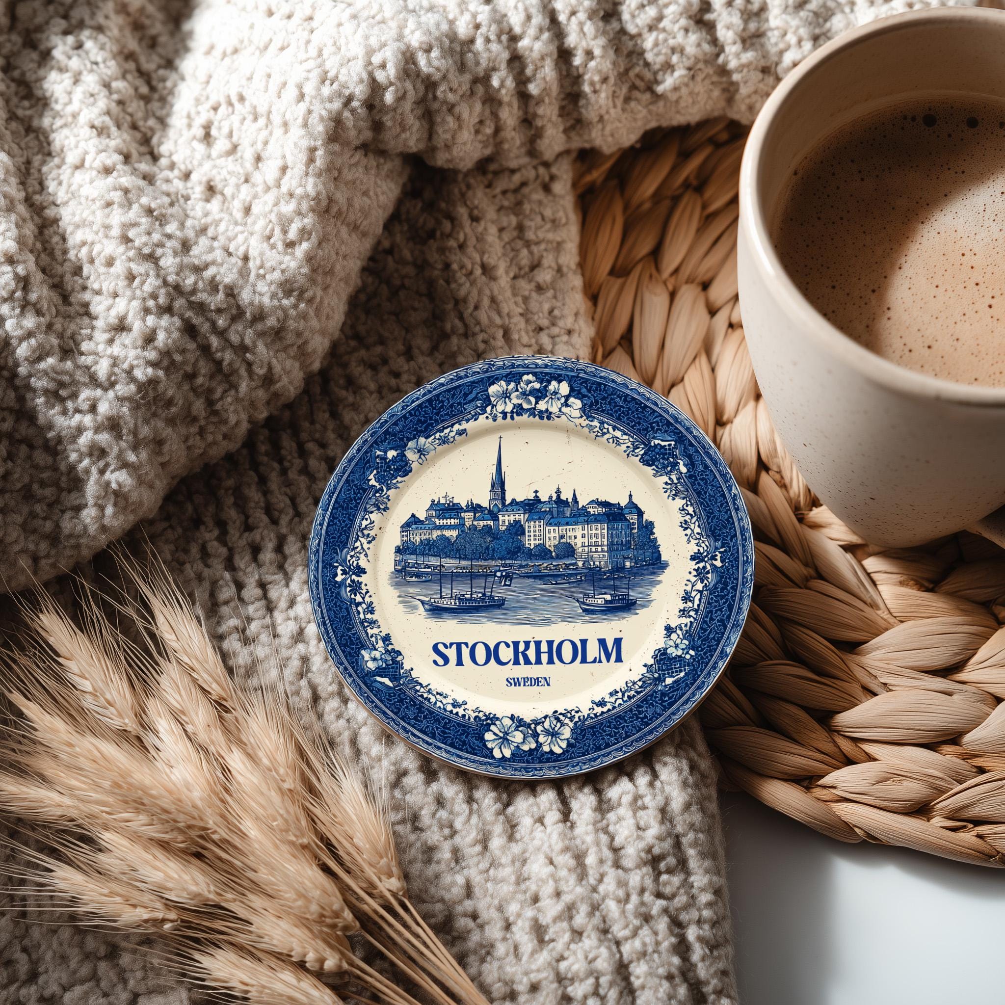 Stockholm Sweden Delftware Ceramic Coaster, Blue White Travel Gift, Vintage Home Decor Collectible - CuteBeePix