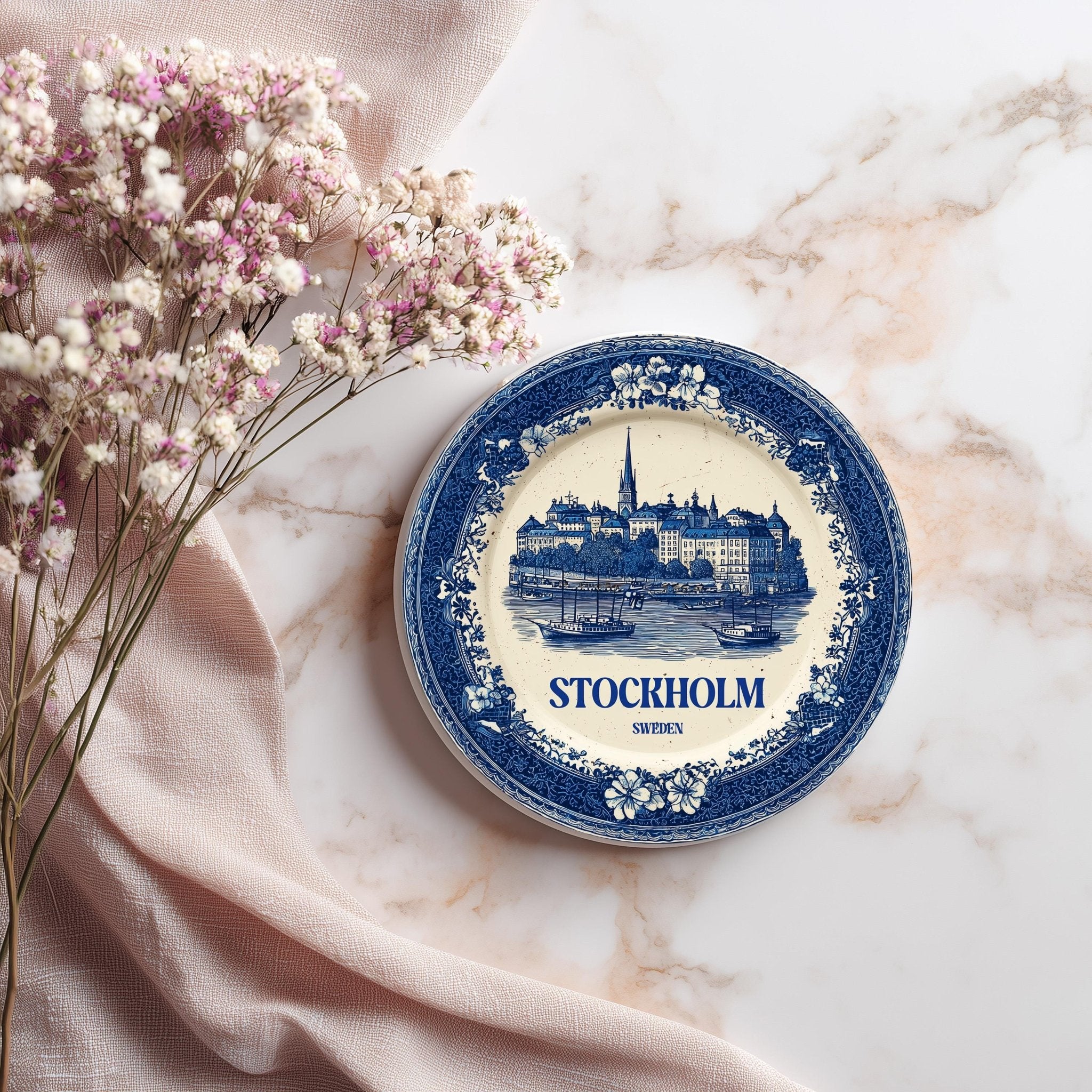 Stockholm Sweden Delftware Ceramic Coaster, Blue White Travel Gift, Vintage Home Decor Collectible - CuteBeePix