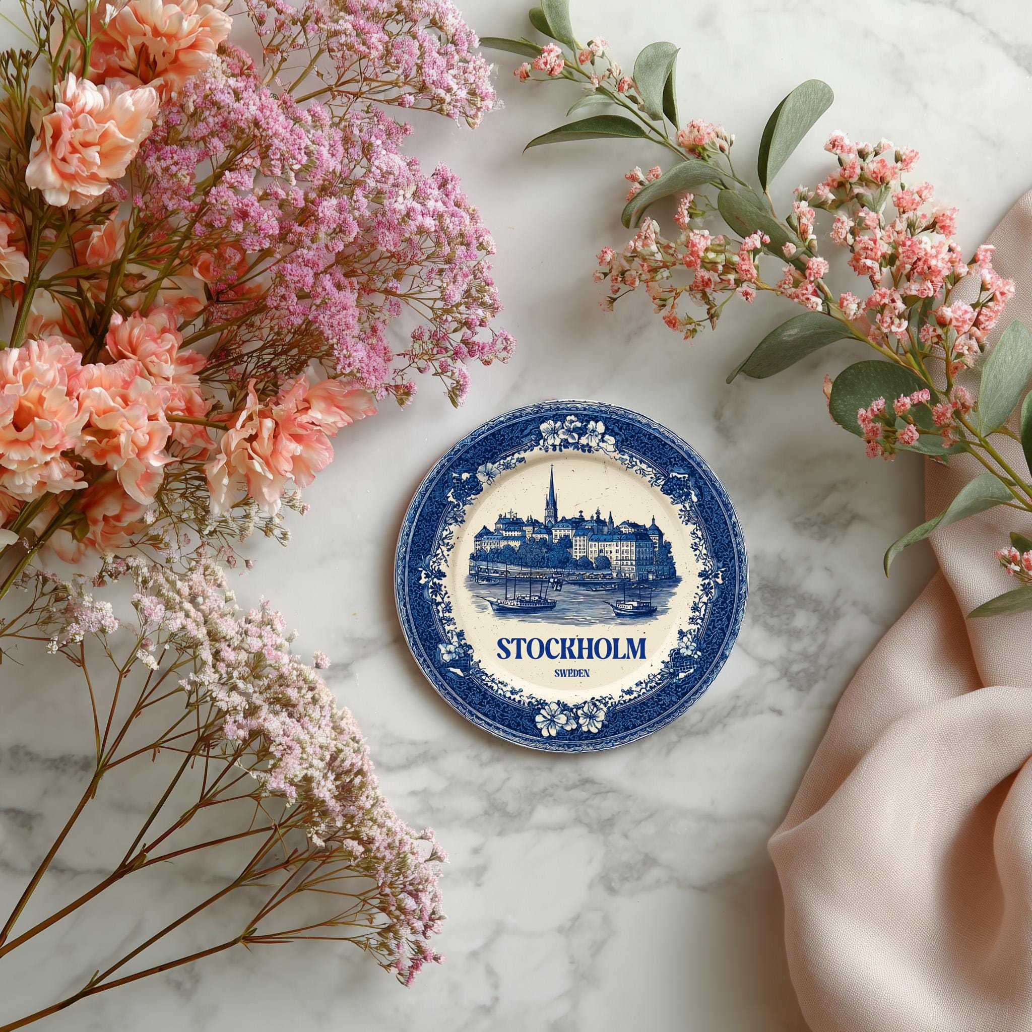 Stockholm Sweden Delftware Ceramic Coaster, Blue White Travel Gift, Vintage Home Decor Collectible - CuteBeePix