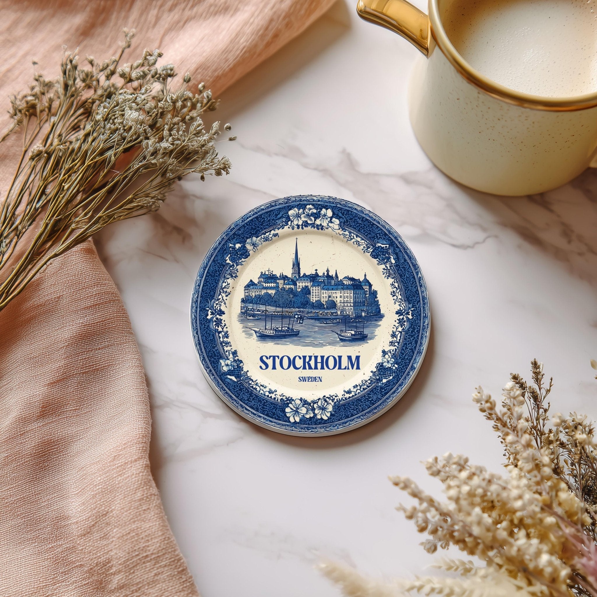 Stockholm Sweden Delftware Ceramic Coaster, Blue White Travel Gift, Vintage Home Decor Collectible - CuteBeePix