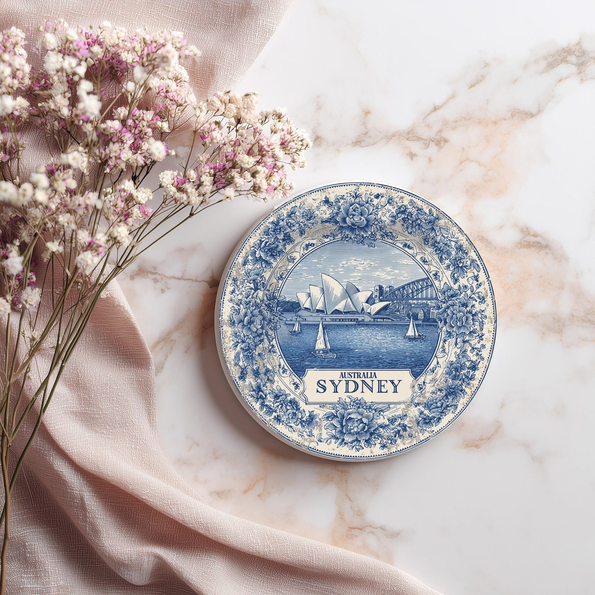 Sydney Australia Delftware Ceramic Coaster, Blue White Travel Gift, Vintage Home Decor Collectible - CuteBeePix