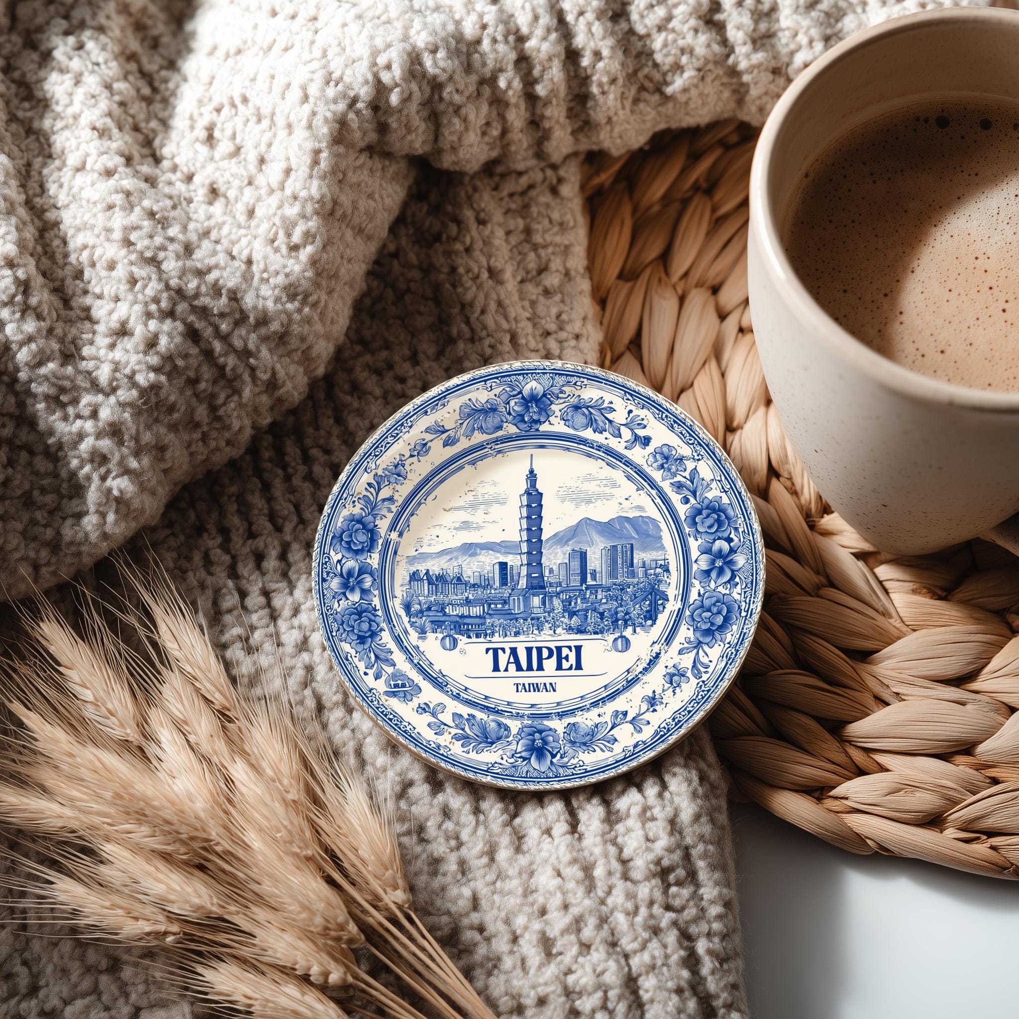 Taipei Taiwan Delftware Ceramic Coaster, Blue White Travel Gift, Vintage Home Decor Collectible - CuteBeePix