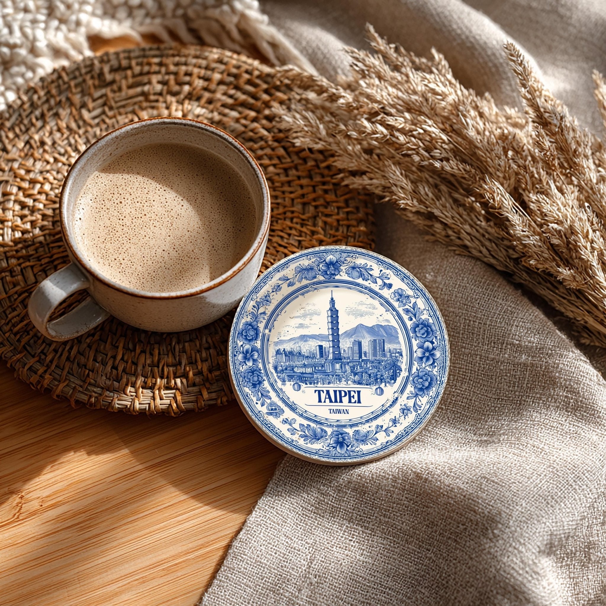 Taipei Taiwan Delftware Ceramic Coaster, Blue White Travel Gift, Vintage Home Decor Collectible - CuteBeePix