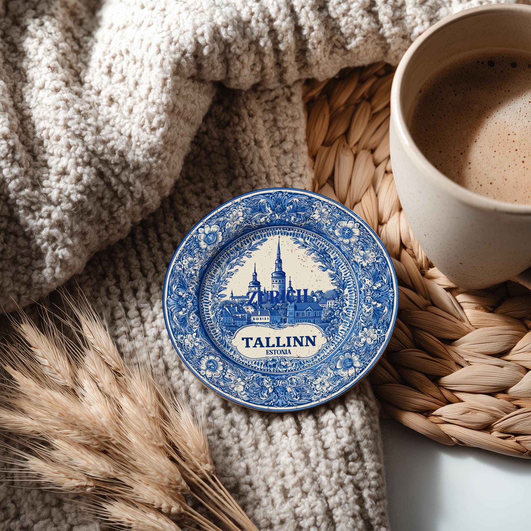 Tallinn Estonia Delftware Ceramic Coaster, Blue White Travel Gift, Vintage Home Decor Collectible - CuteBeePix