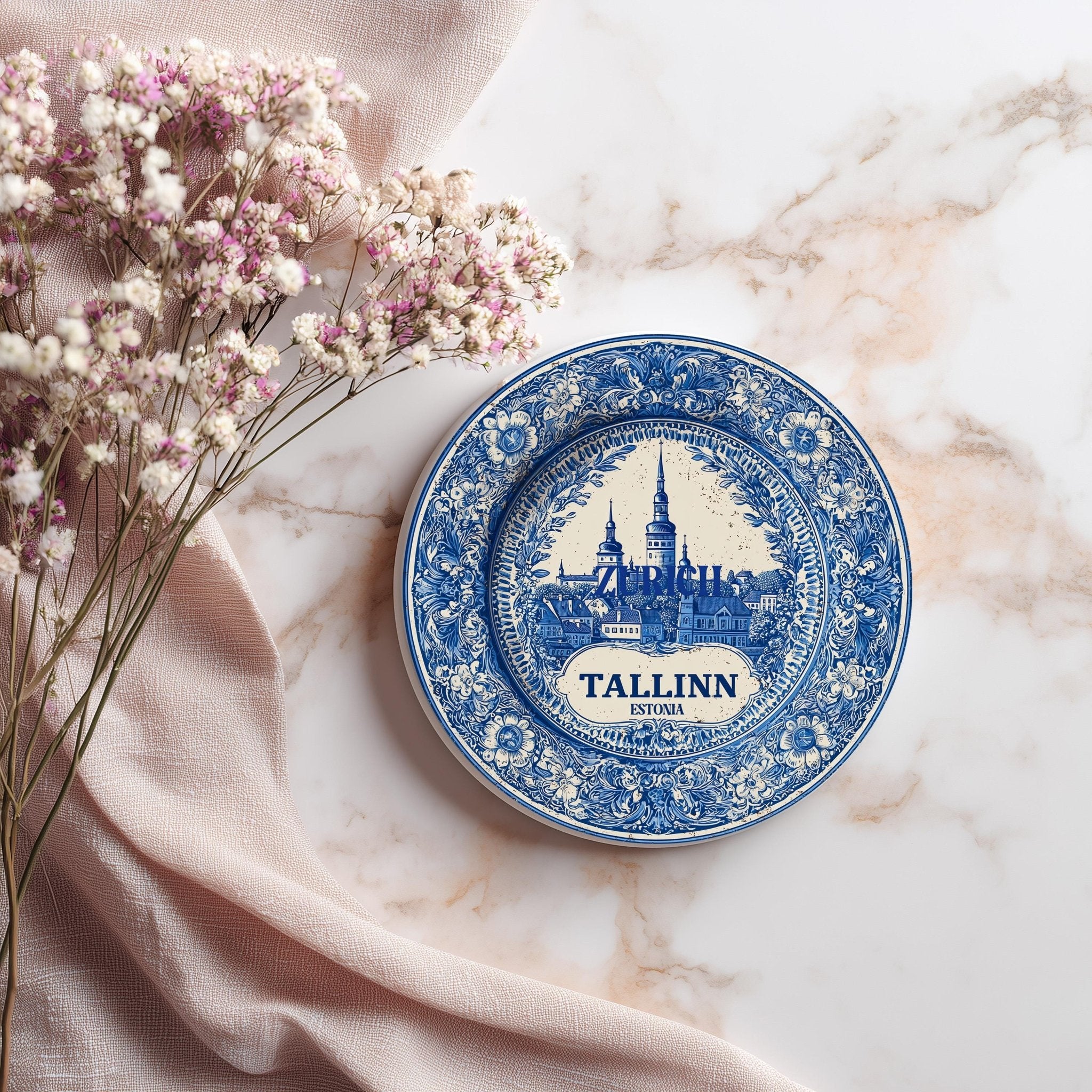 Tallinn Estonia Delftware Ceramic Coaster, Blue White Travel Gift, Vintage Home Decor Collectible - CuteBeePix