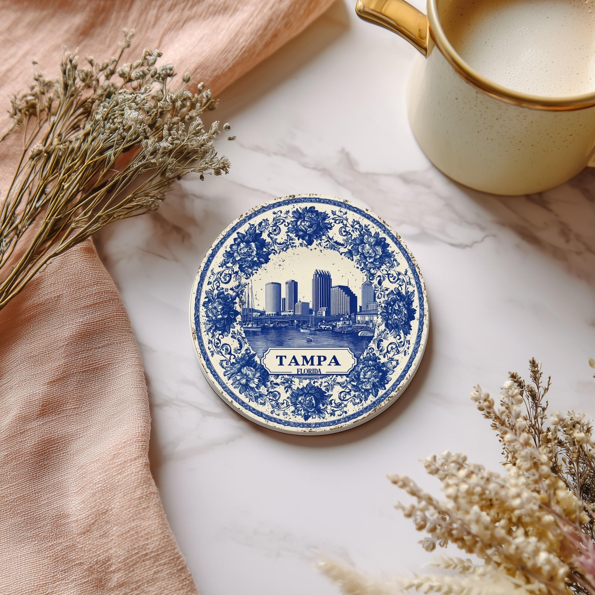 Tampa Florida Delftware Ceramic Coaster, Blue White Travel Gift, Vintage Home Decor Collectible - CuteBeePix