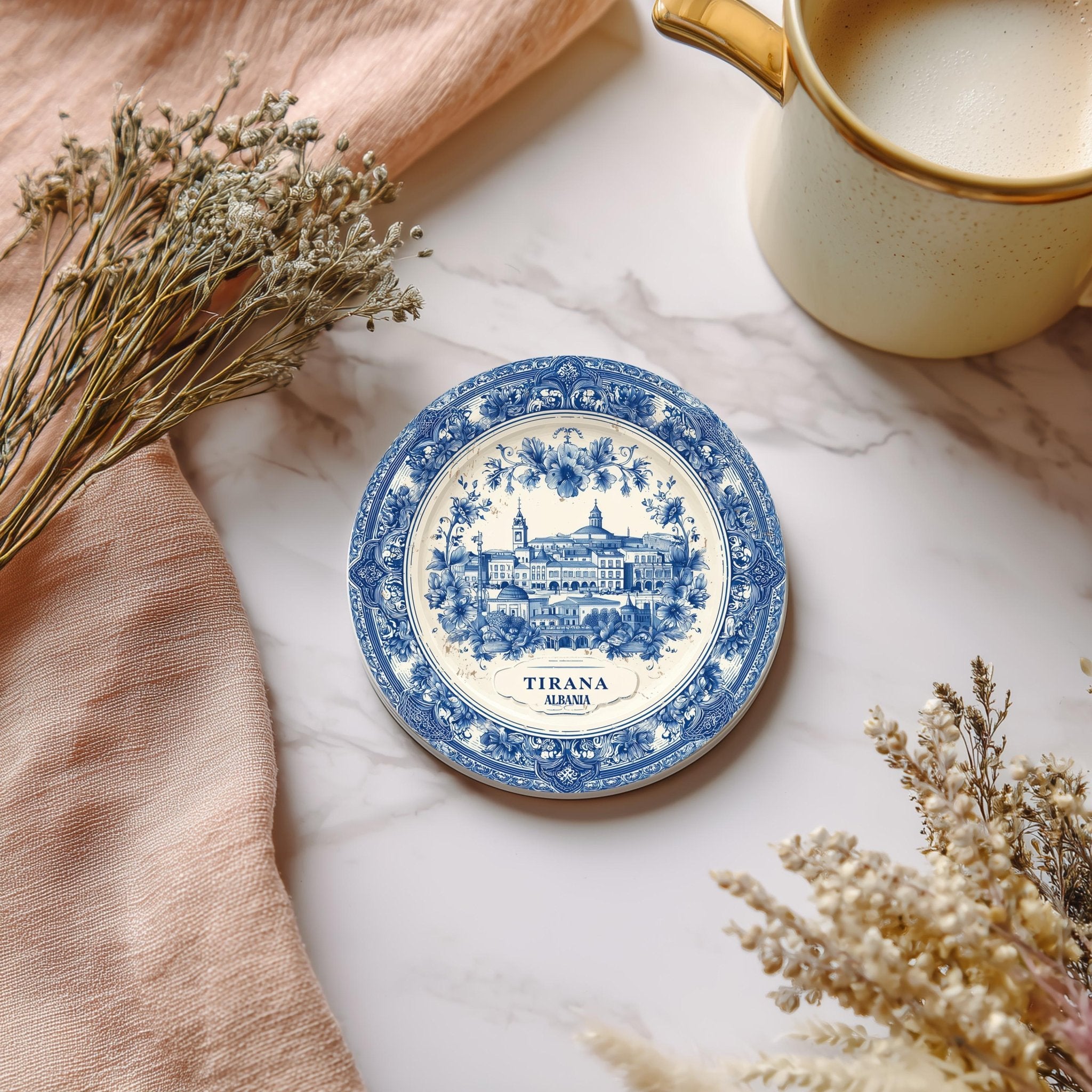 Tirana Albania Delftware Ceramic Coaster, Blue White Travel Gift, Vintage Home Decor Collectible - CuteBeePix