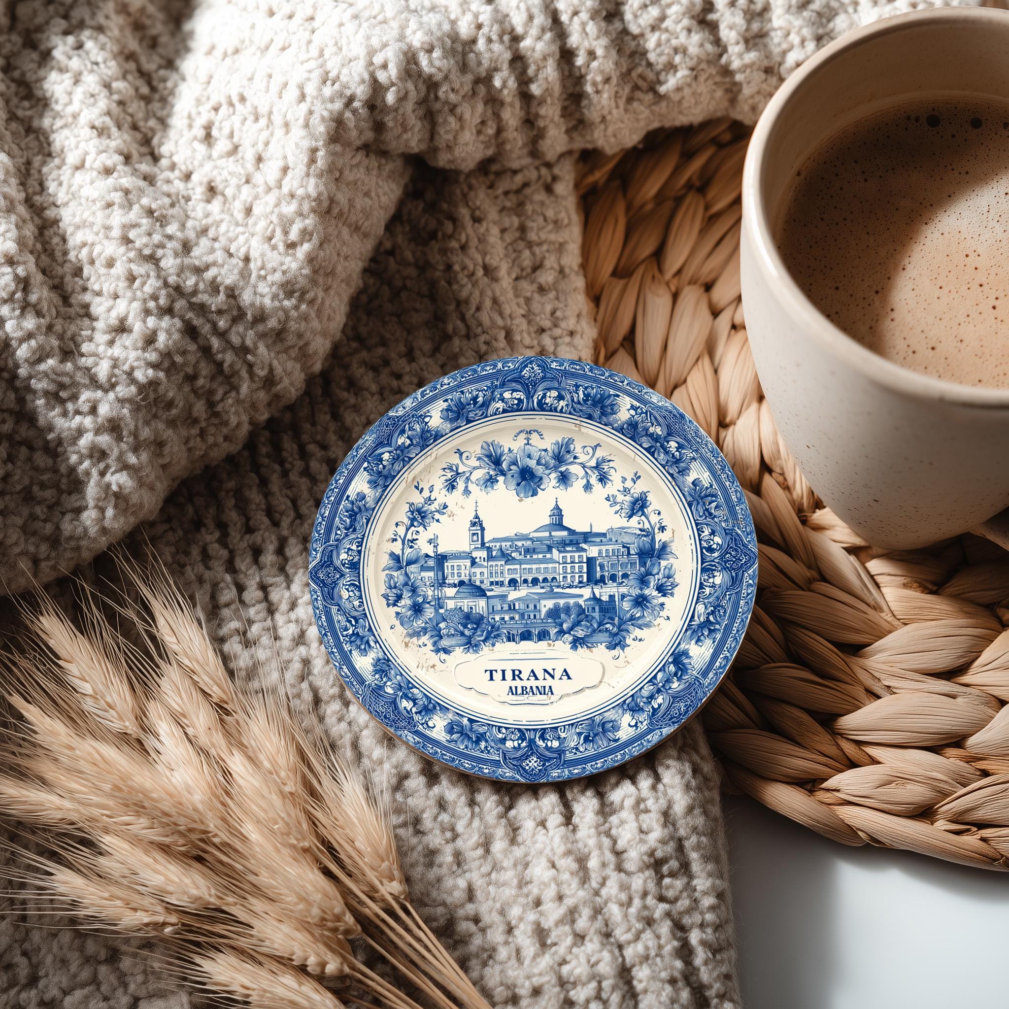 Tirana Albania Delftware Ceramic Coaster, Blue White Travel Gift, Vintage Home Decor Collectible - CuteBeePix