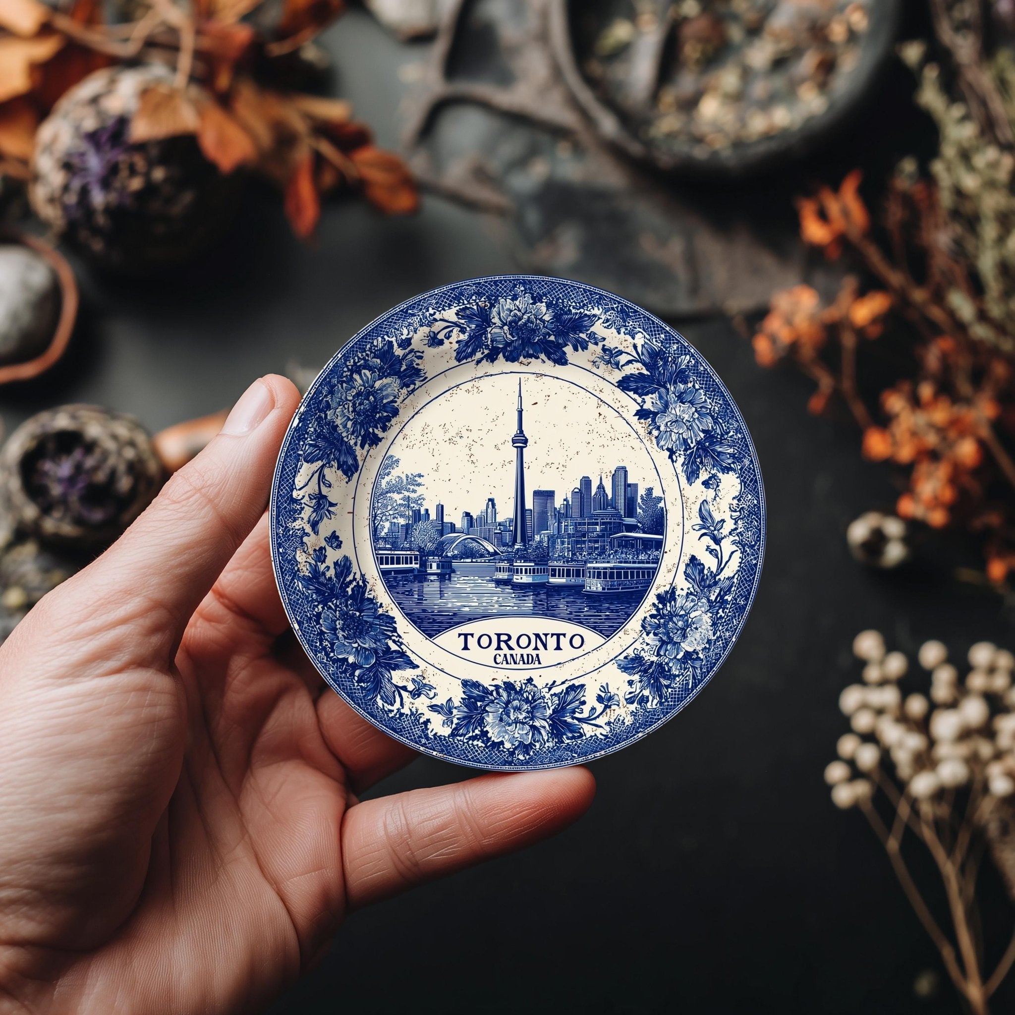 Toronto Canada Delftware Ceramic Coaster, Blue White Travel Gift, Vintage Home Decor Collectible - CuteBeePix