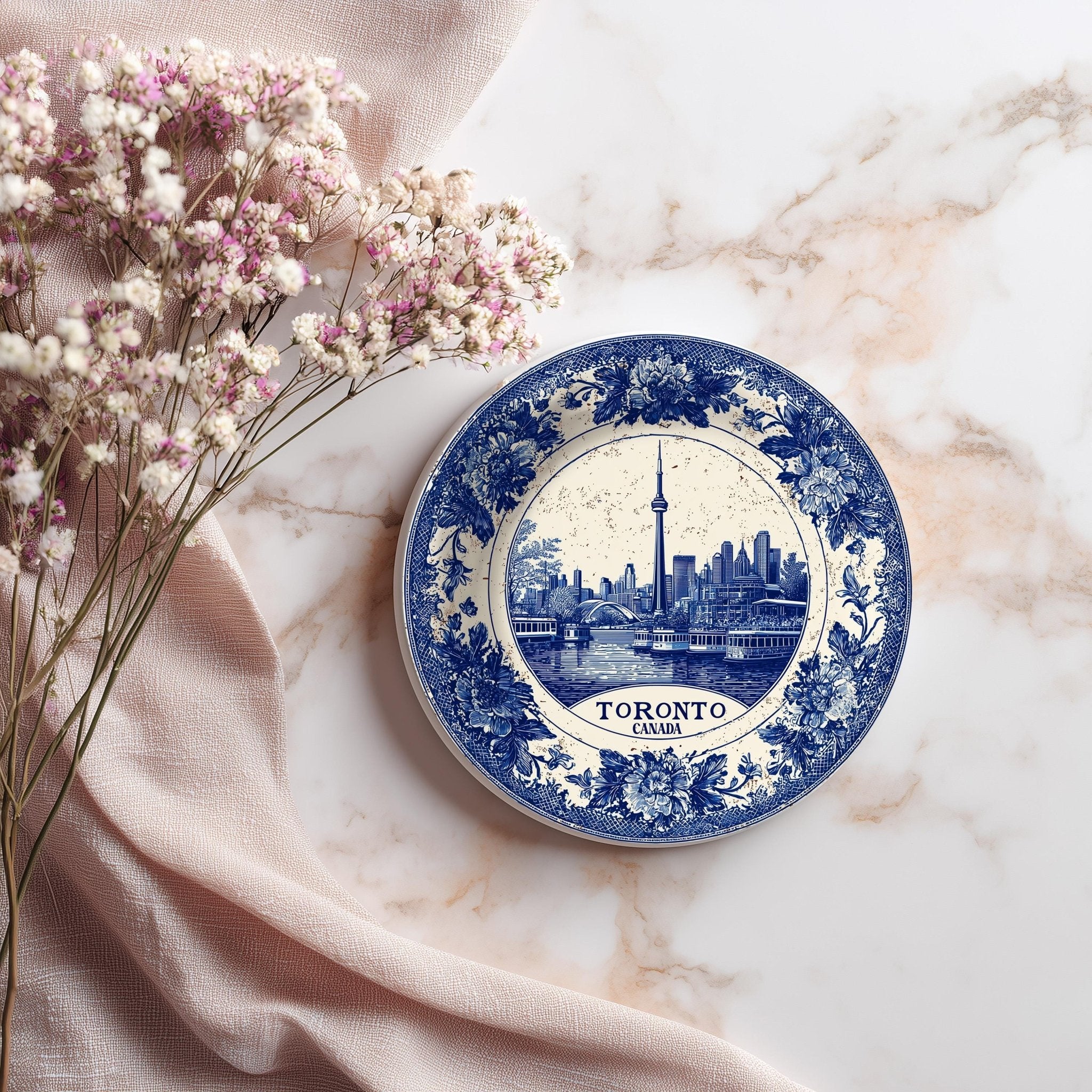 Toronto Canada Delftware Ceramic Coaster, Blue White Travel Gift, Vintage Home Decor Collectible - CuteBeePix