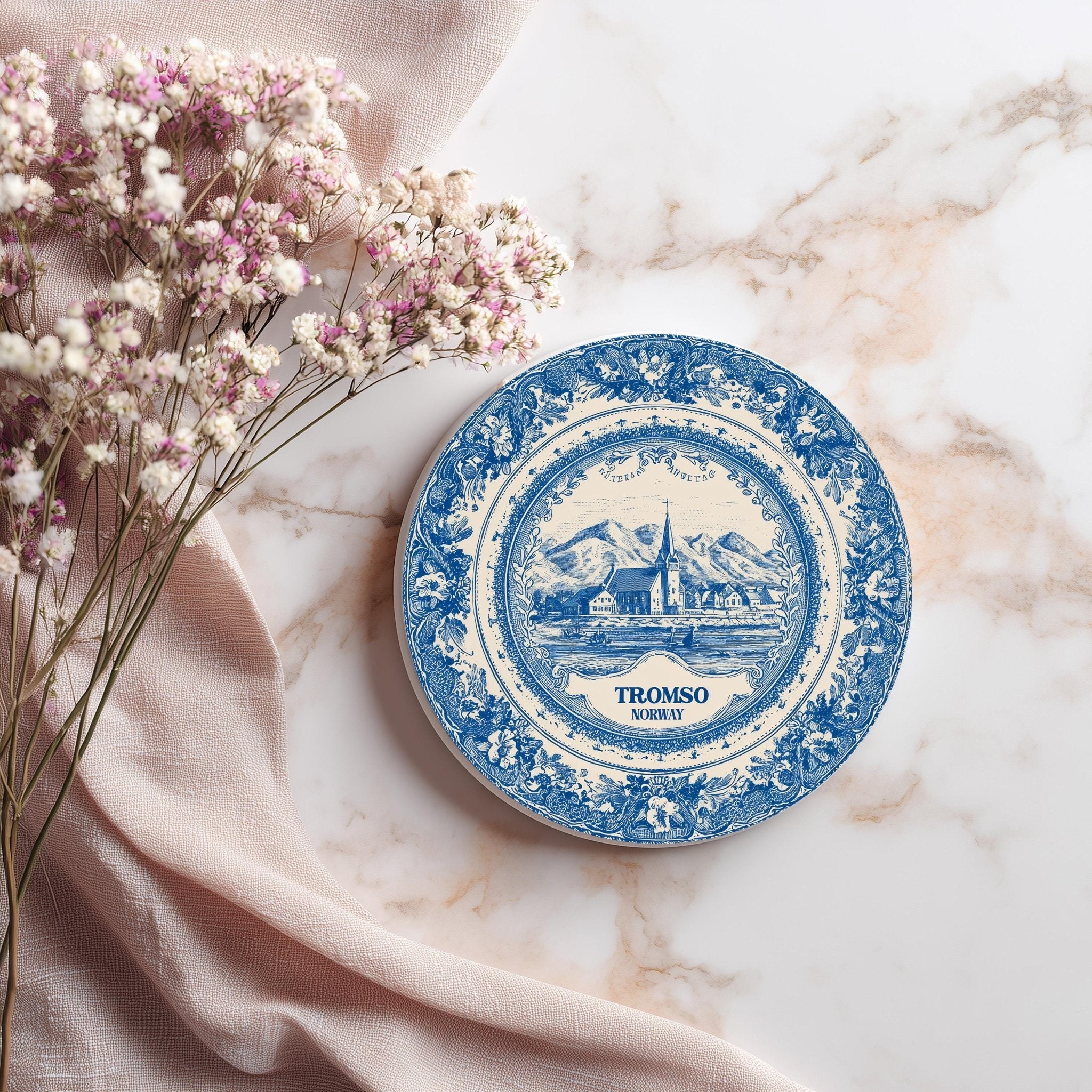 Tromso Norway Delftware Ceramic Coaster, Blue White Travel Gift, Vintage Home Decor Collectible - CuteBeePix