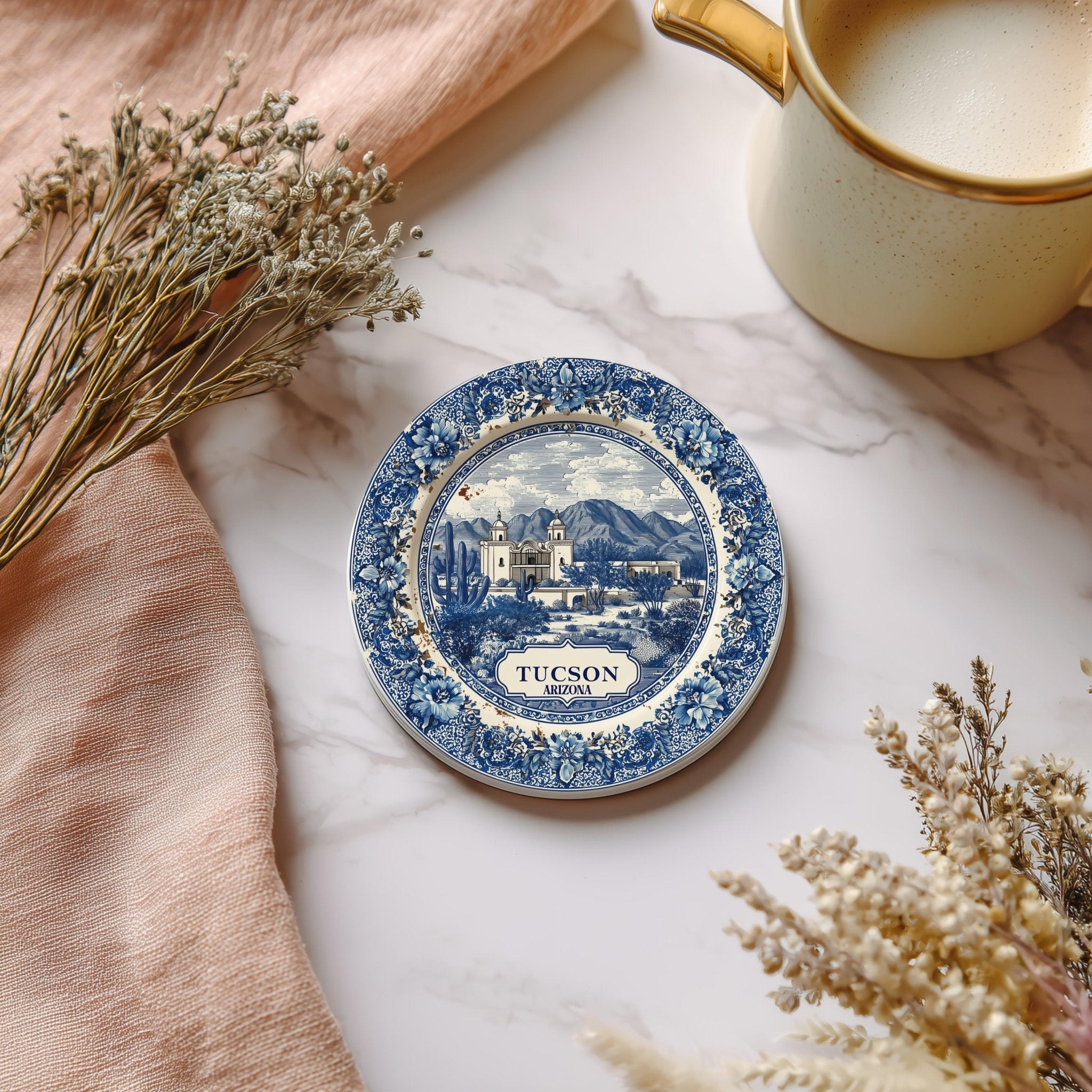 Tucson Arizona Delftware Ceramic Coaster, Blue White Travel Gift, Vintage Home Decor Collectible - CuteBeePix