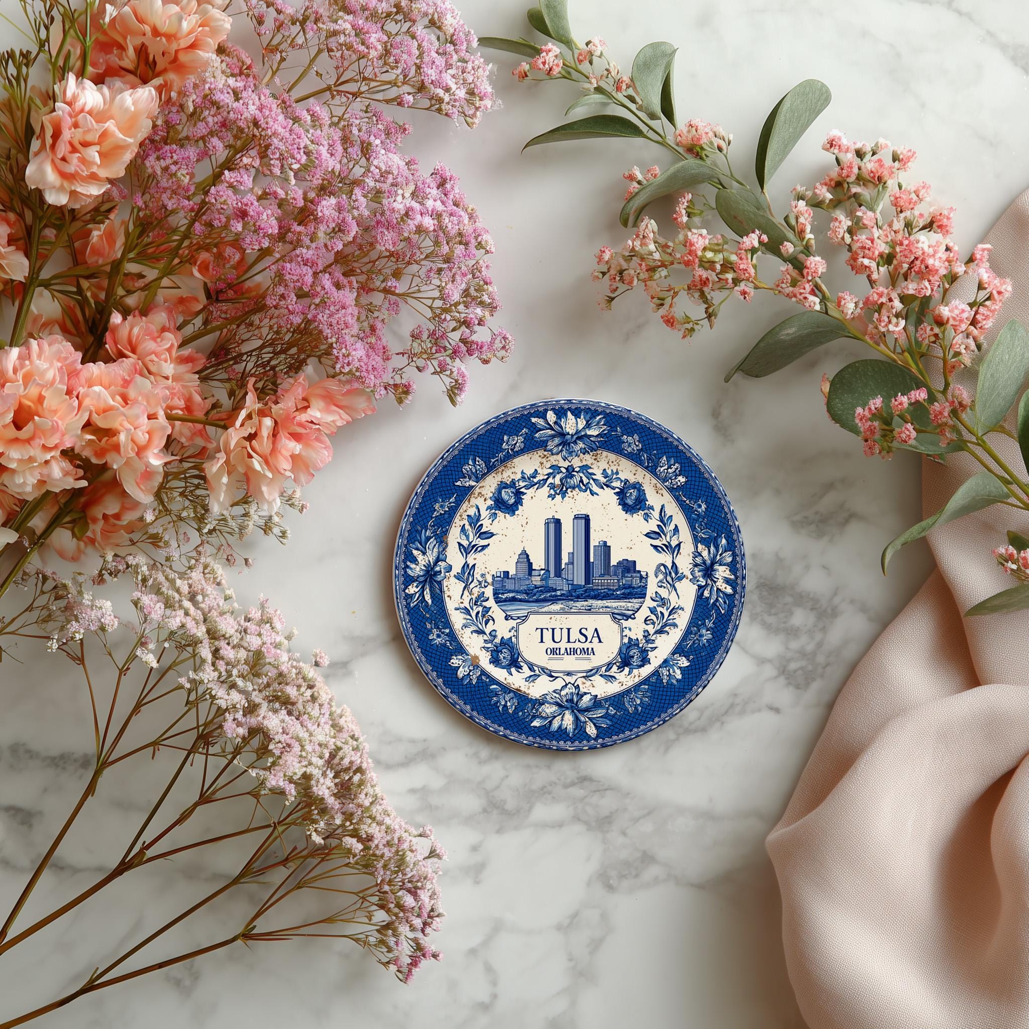 Tulsa Oklahoma Delftware Ceramic Coaster, Blue White Travel Gift, Vintage Home Decor Collectible - CuteBeePix