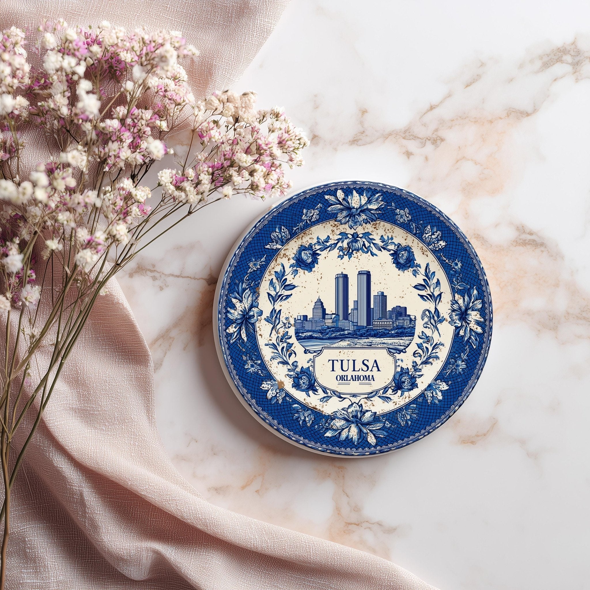 Tulsa Oklahoma Delftware Ceramic Coaster, Blue White Travel Gift, Vintage Home Decor Collectible - CuteBeePix