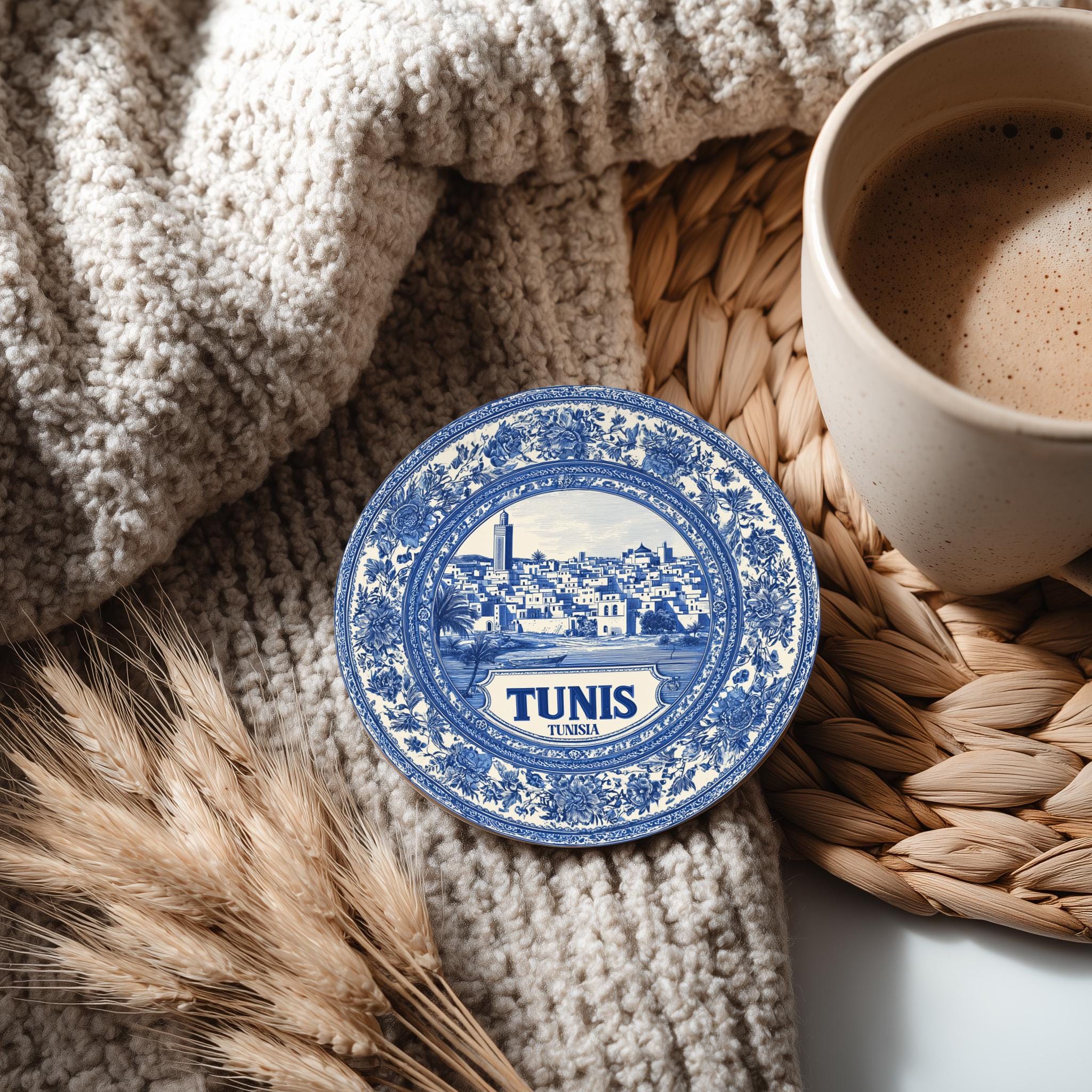 Tunis Tunisia Delftware Ceramic Coaster, Blue White Travel Gift, Vintage Home Decor Collectible - CuteBeePix