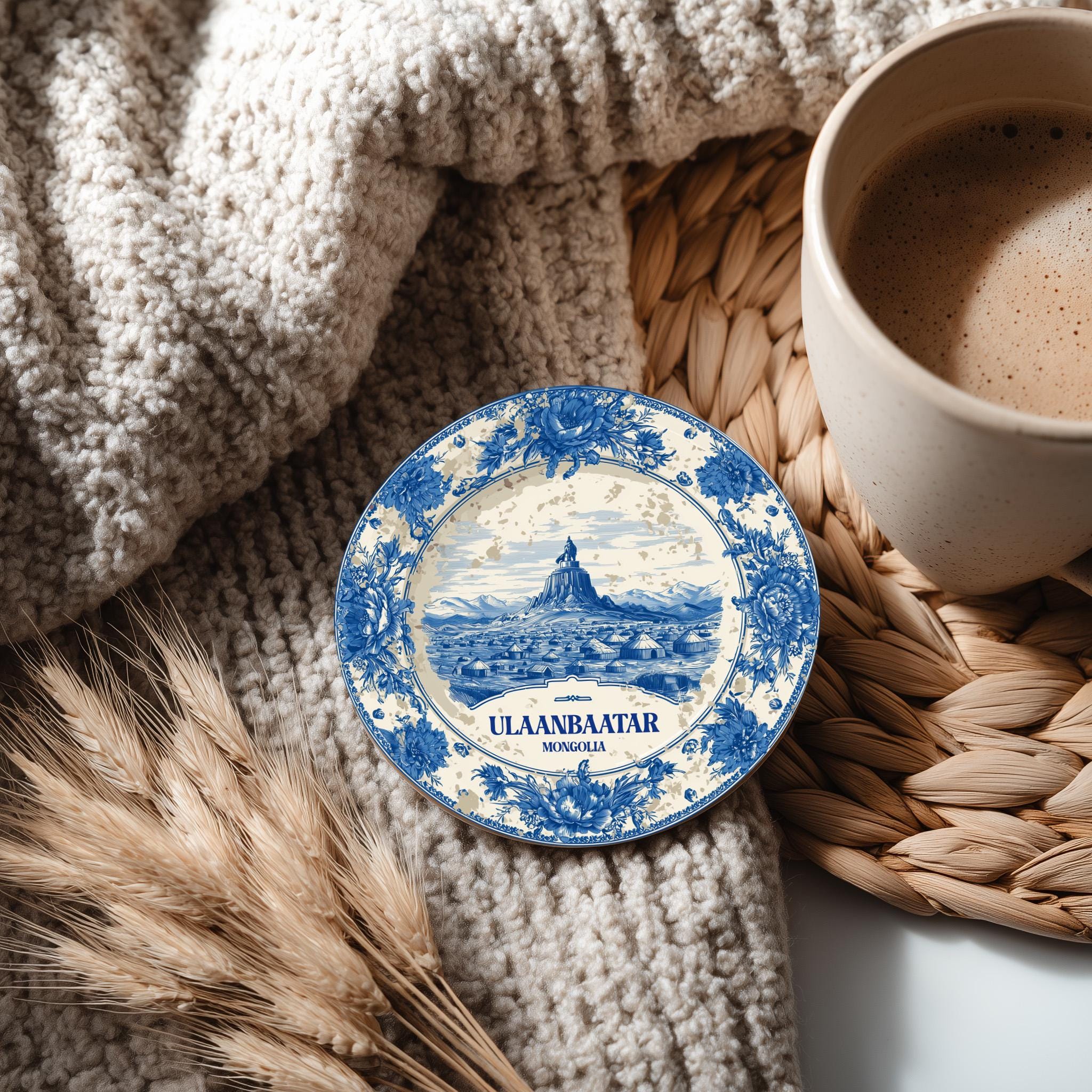 Ulaanbaatar Mongolia Delftware Ceramic Coaster, Blue White Travel Gift, Vintage Home Decor Collectible - CuteBeePix