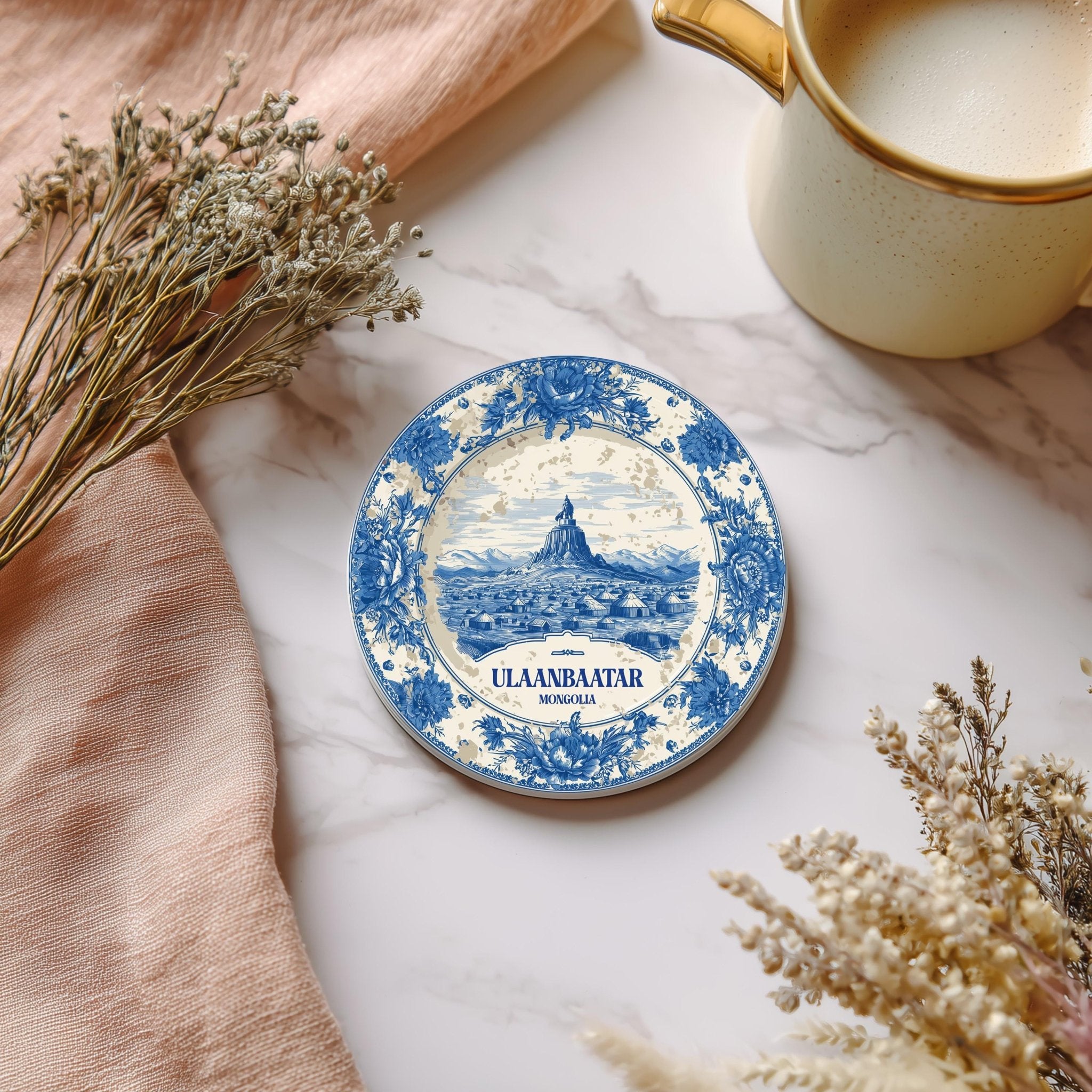 Ulaanbaatar Mongolia Delftware Ceramic Coaster, Blue White Travel Gift, Vintage Home Decor Collectible - CuteBeePix