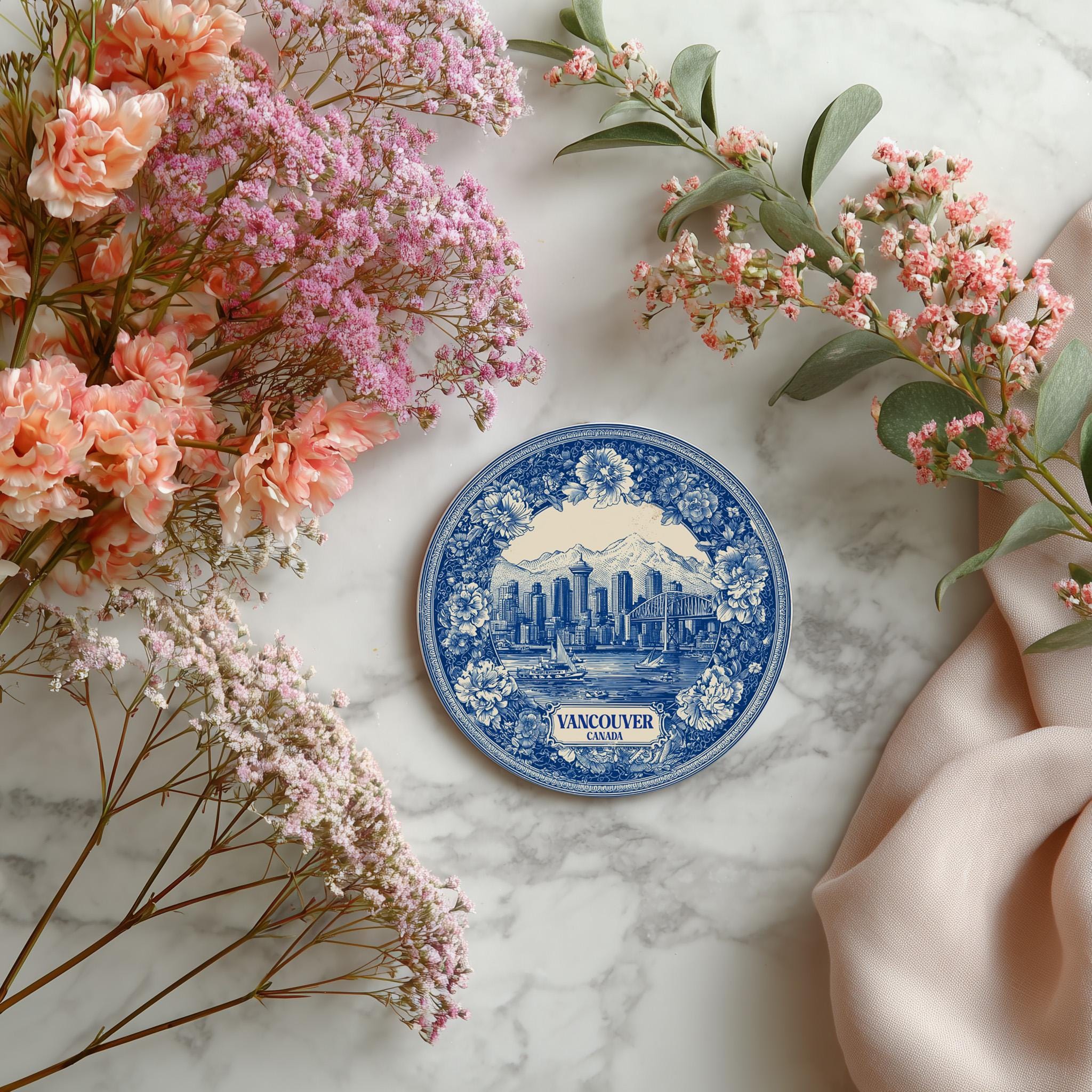 Vancouver Canada Delftware Ceramic Coaster, Blue White Travel Gift, Vintage Home Decor Collectible - CuteBeePix