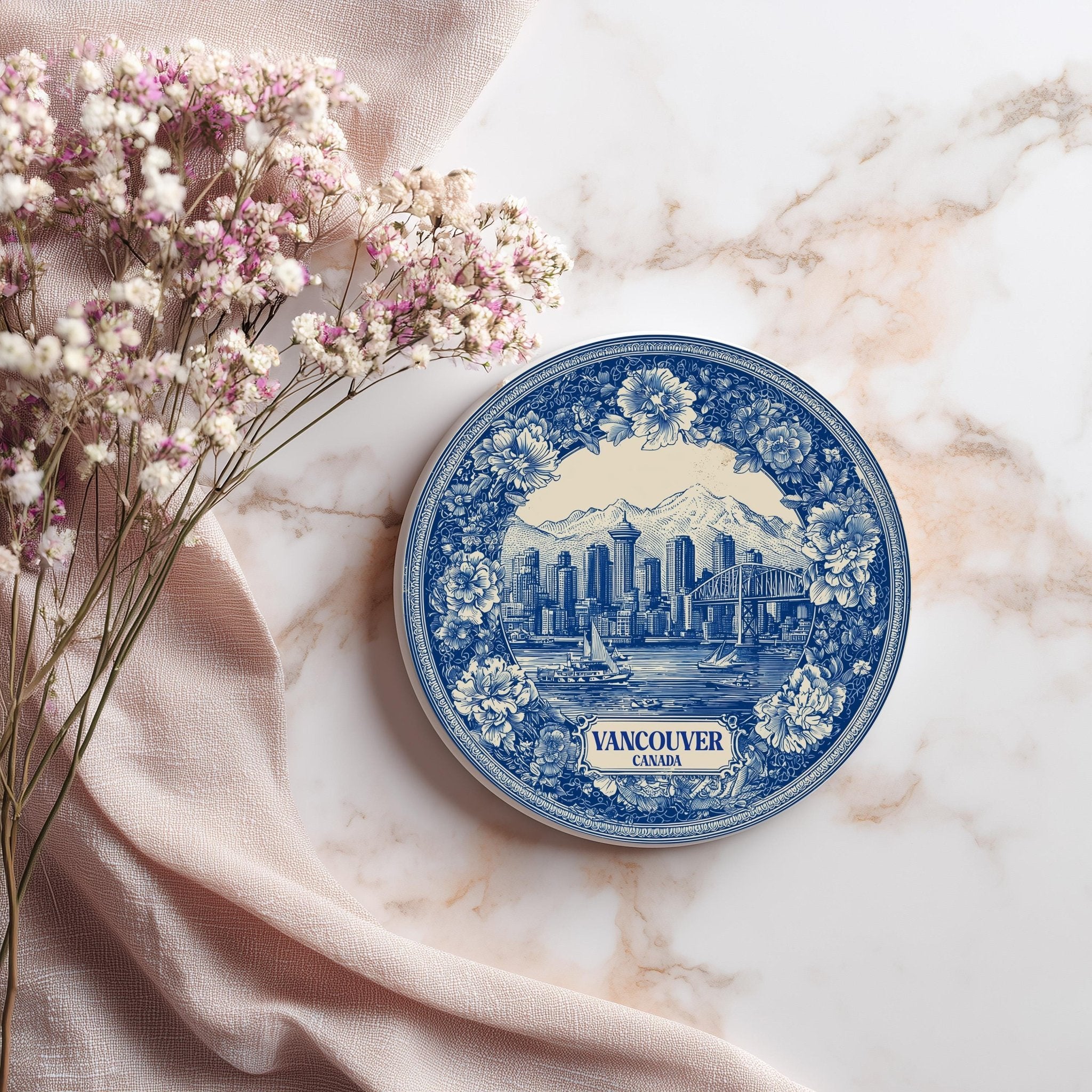 Vancouver Canada Delftware Ceramic Coaster, Blue White Travel Gift, Vintage Home Decor Collectible - CuteBeePix