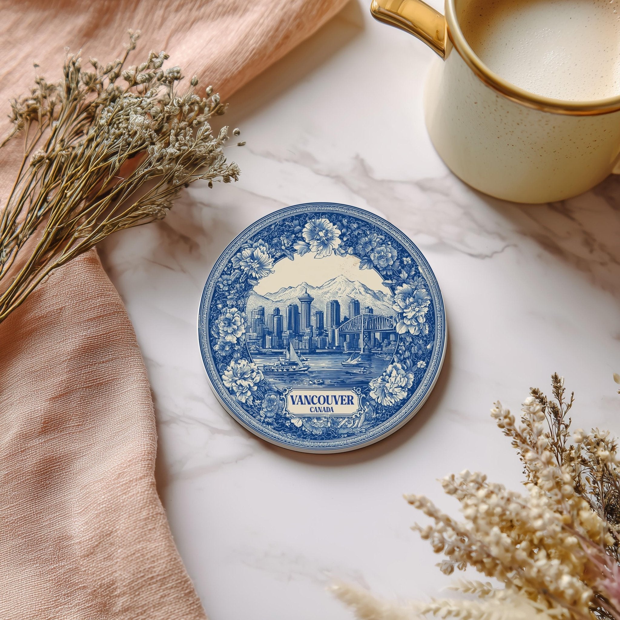Vancouver Canada Delftware Ceramic Coaster, Blue White Travel Gift, Vintage Home Decor Collectible - CuteBeePix