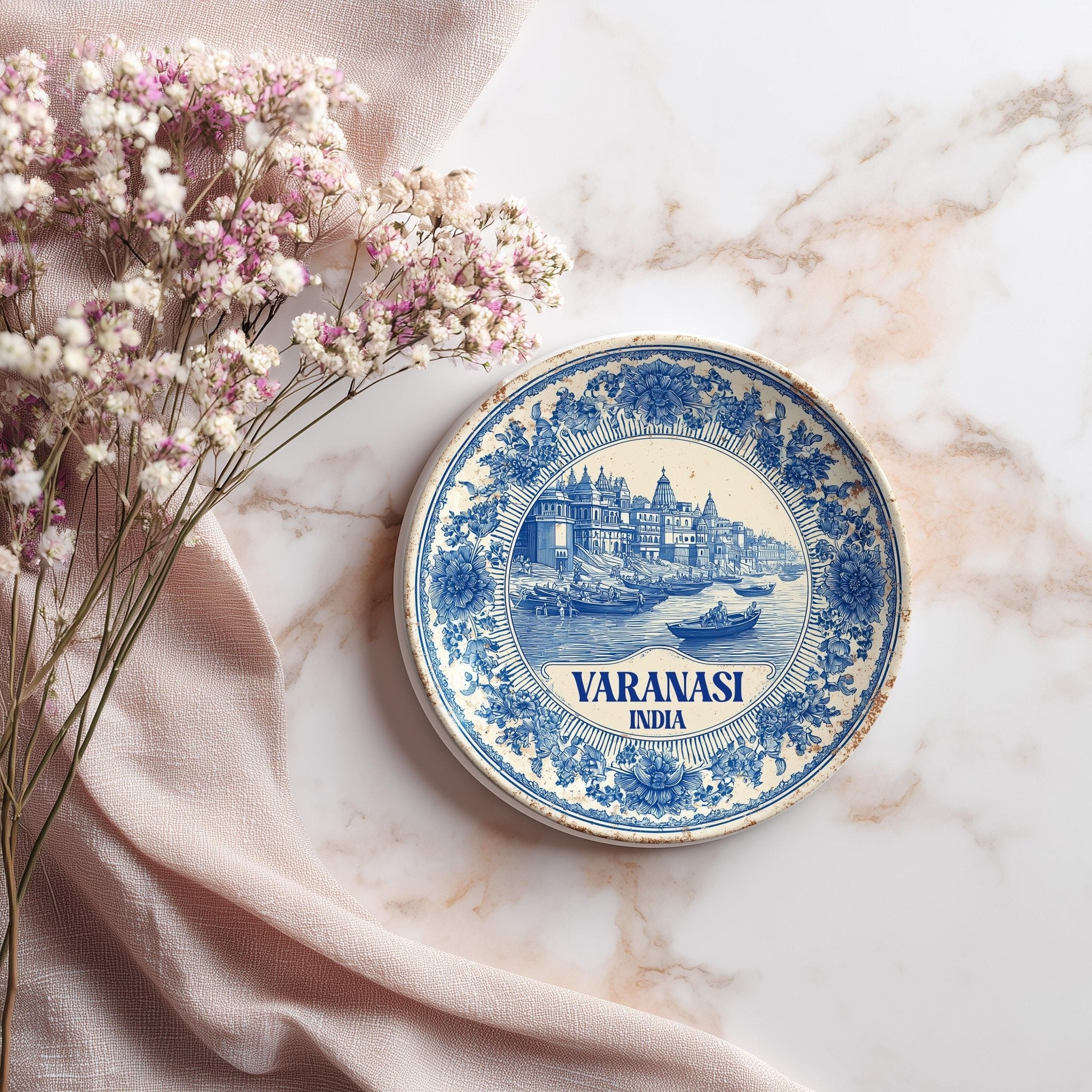Varanasi India Delftware Ceramic Coaster, Blue White Travel Gift, Vintage Home Decor Collectible - CuteBeePix