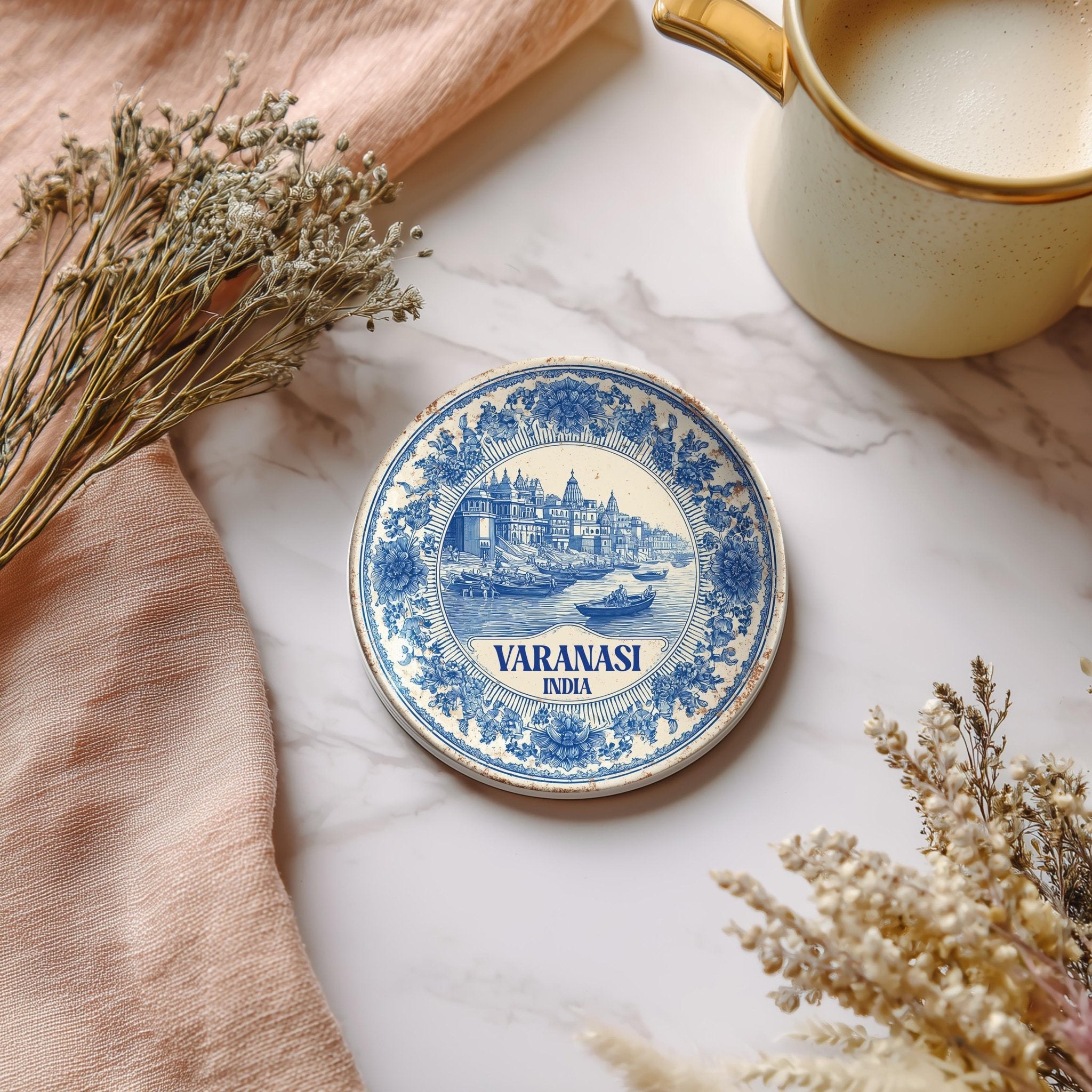 Varanasi India Delftware Ceramic Coaster, Blue White Travel Gift, Vintage Home Decor Collectible - CuteBeePix