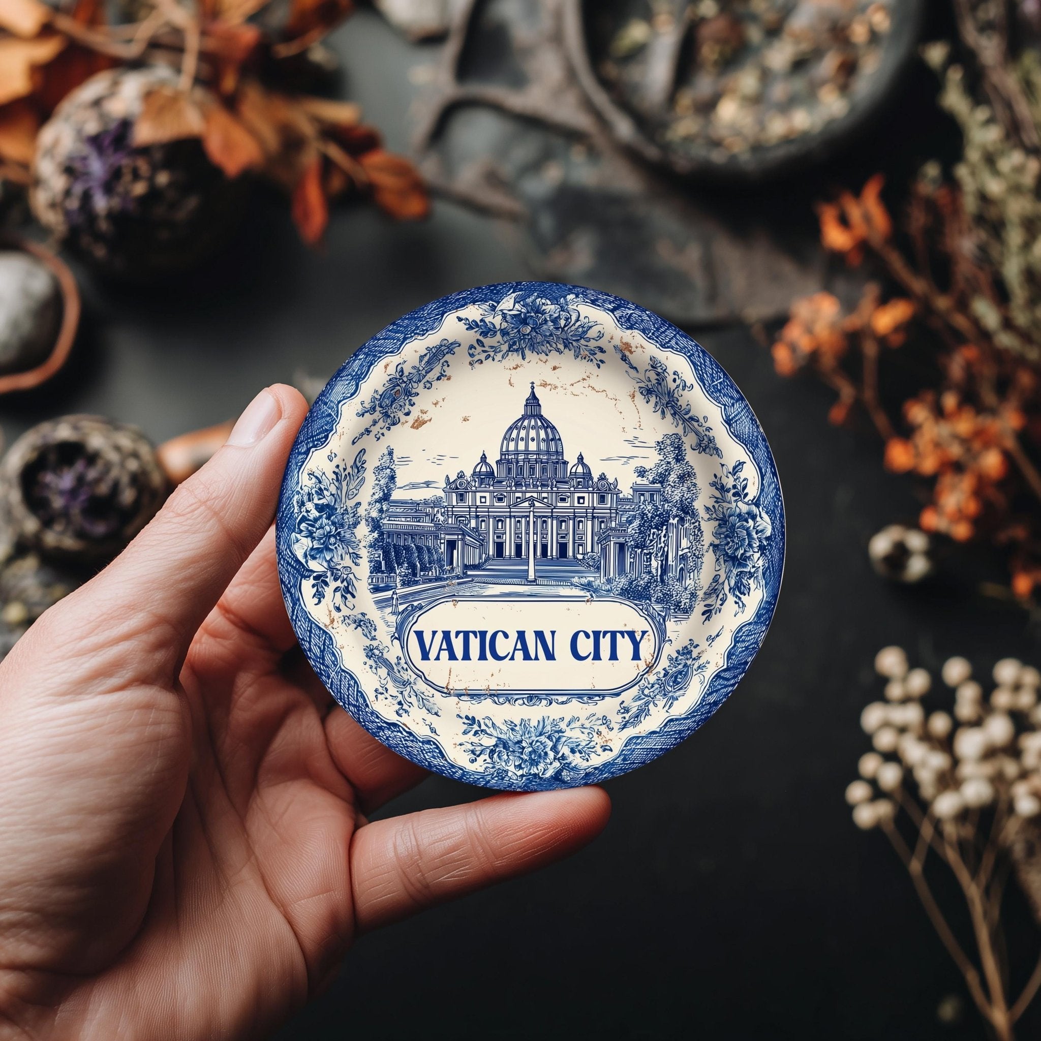 Vatican City Delftware Ceramic Coaster, Blue White Travel Gift, Vintage Home Decor Collectible - CuteBeePix