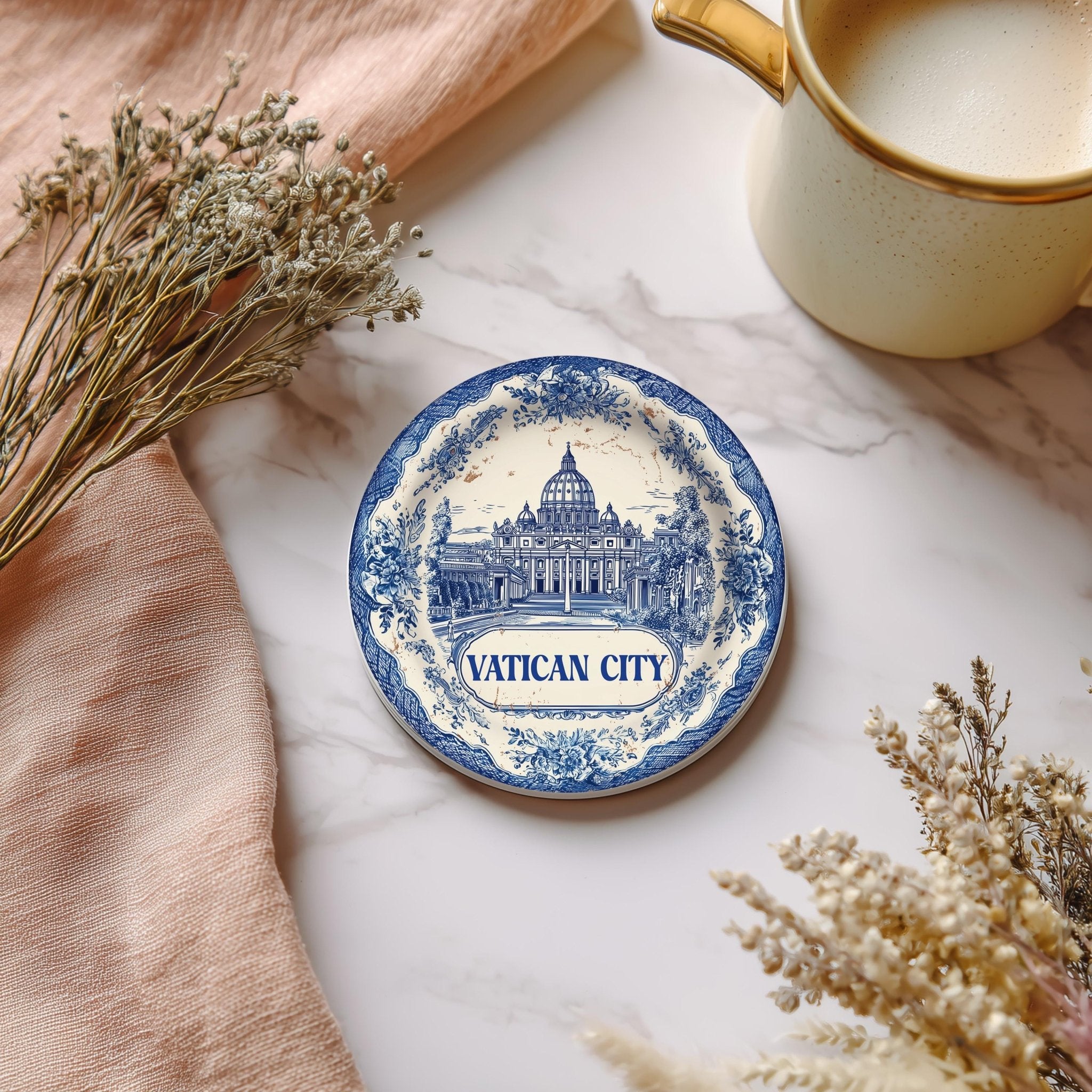 Vatican City Delftware Ceramic Coaster, Blue White Travel Gift, Vintage Home Decor Collectible - CuteBeePix