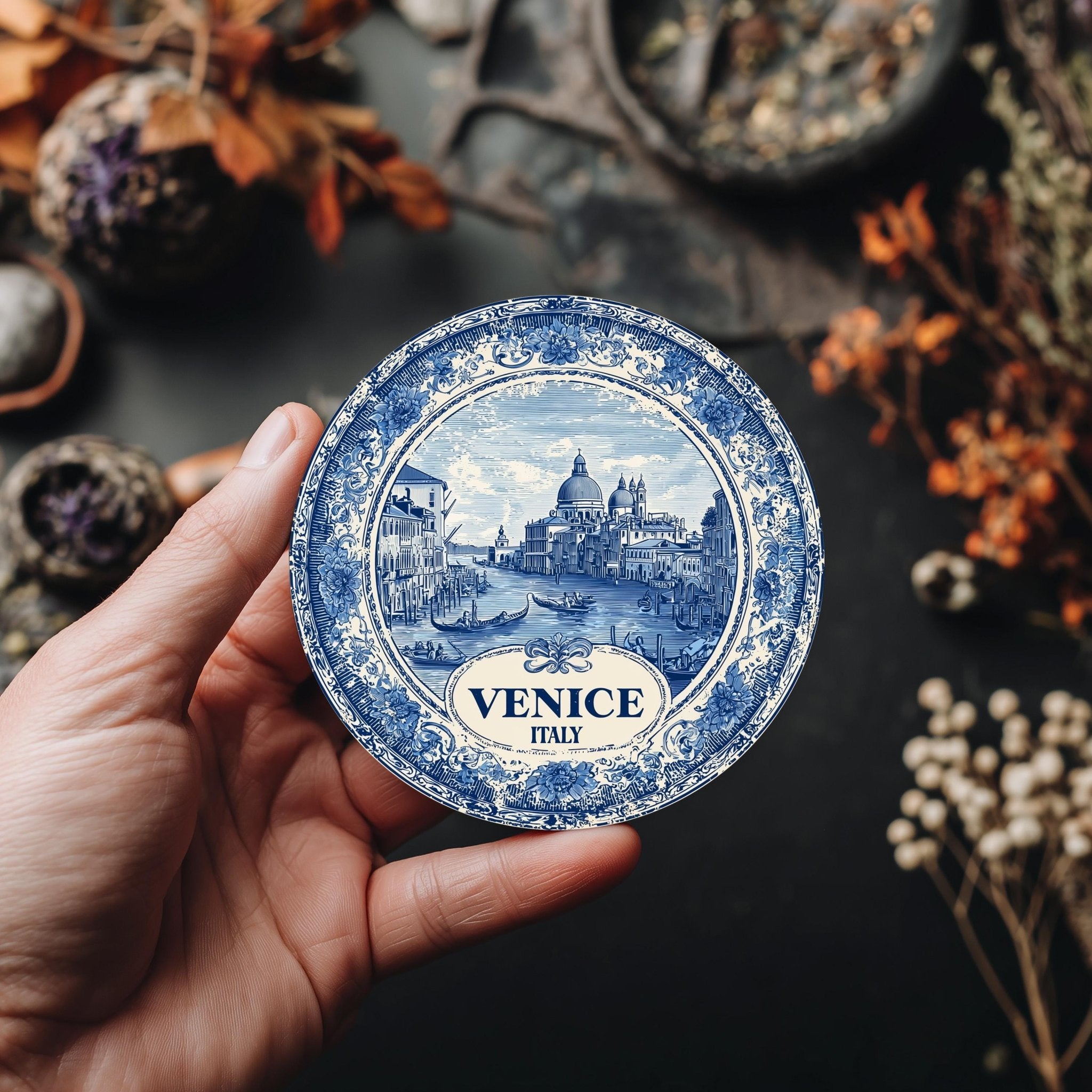 Venice Italy Delftware Ceramic Coaster, Blue White Travel Gift, Vintage Home Decor Collectible - CuteBeePix