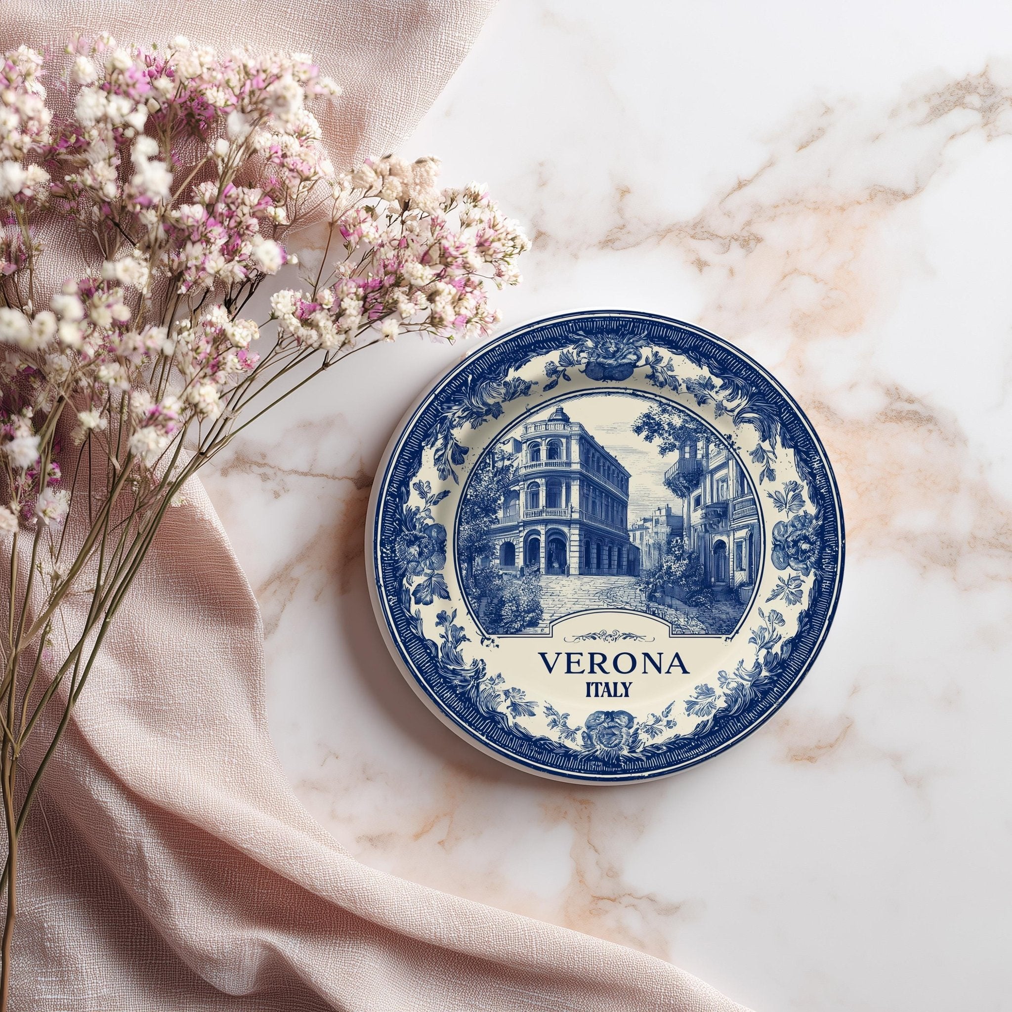 Verona Italy Delftware Ceramic Coaster, Blue White Travel Gift, Vintage Home Decor Collectible - CuteBeePix