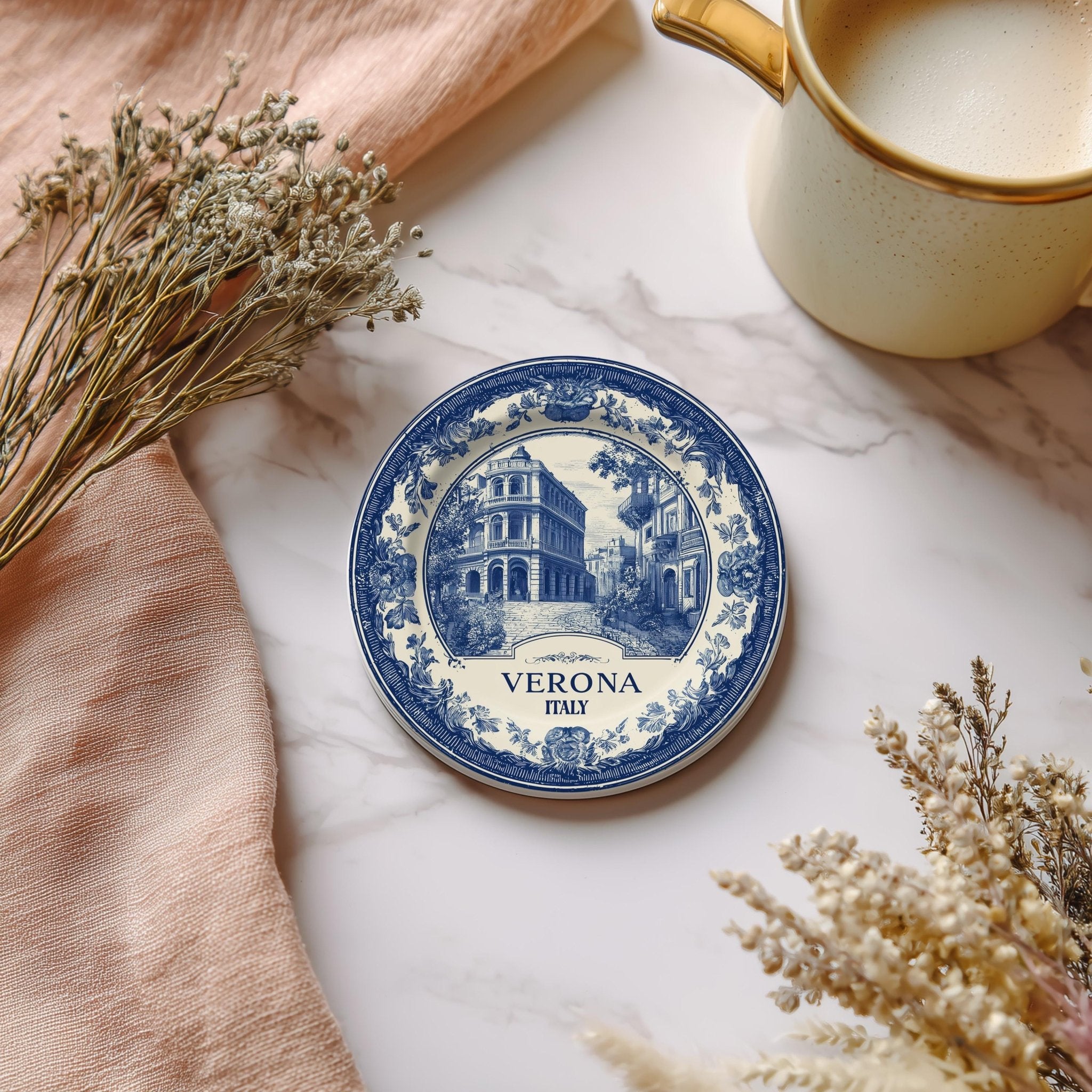 Verona Italy Delftware Ceramic Coaster, Blue White Travel Gift, Vintage Home Decor Collectible - CuteBeePix