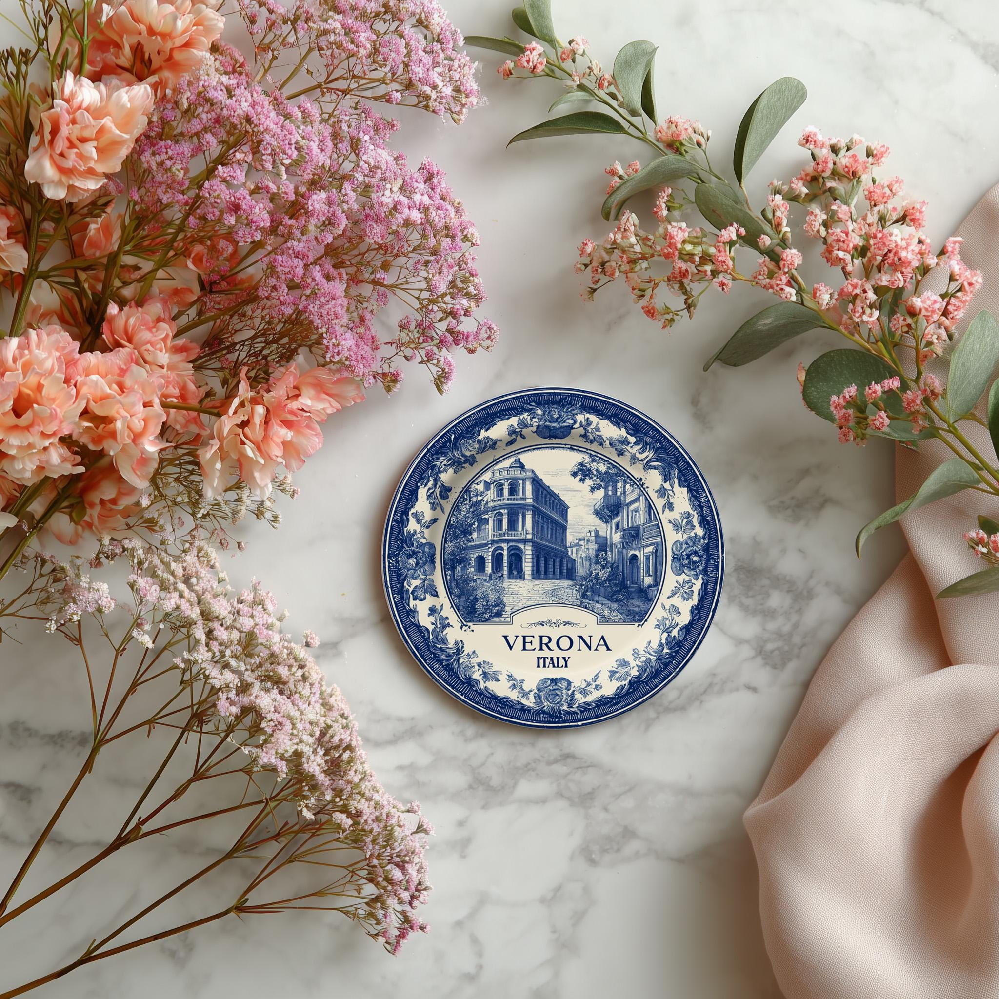 Verona Italy Delftware Ceramic Coaster, Blue White Travel Gift, Vintage Home Decor Collectible - CuteBeePix