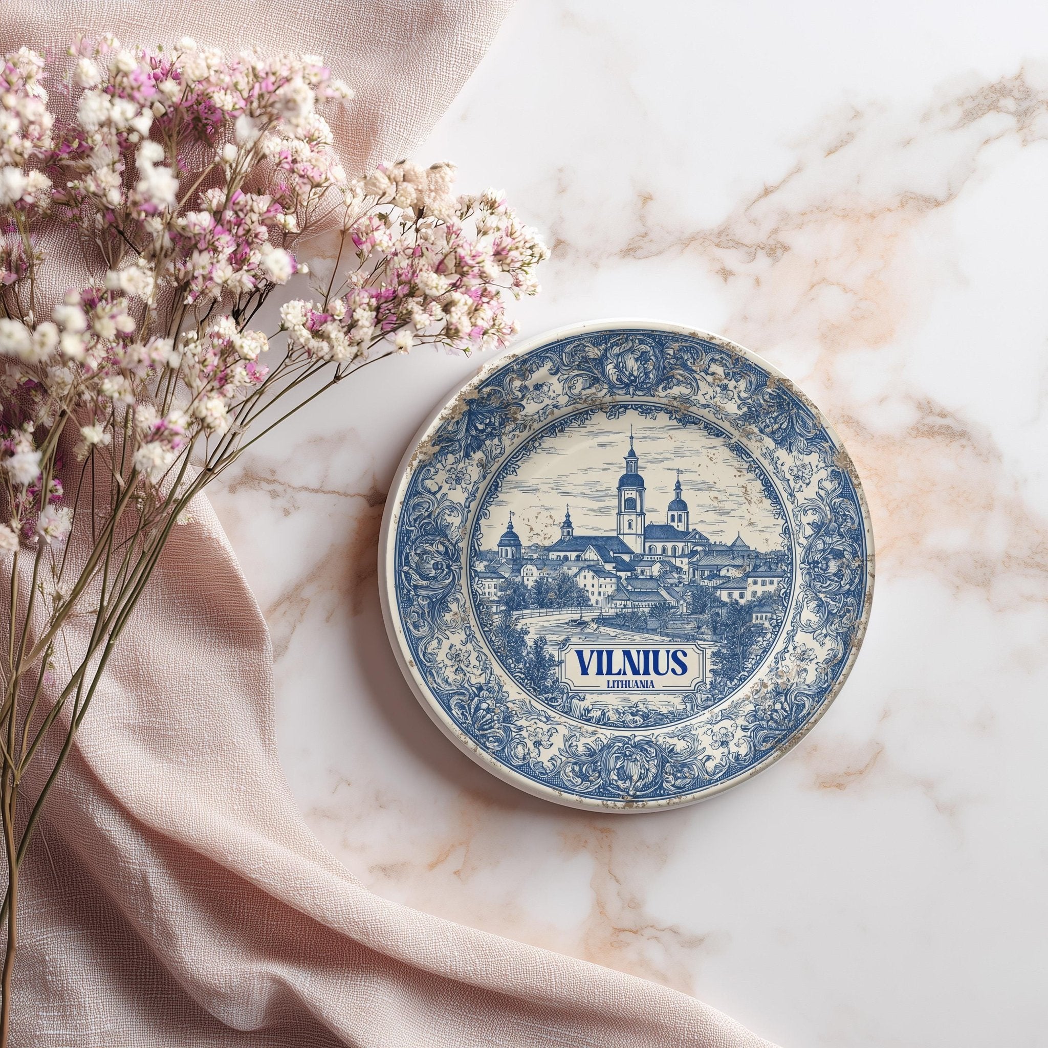 Vilnius Lithuania Delftware Ceramic Coaster, Blue White Travel Gift, Vintage Home Decor Collectible - CuteBeePix