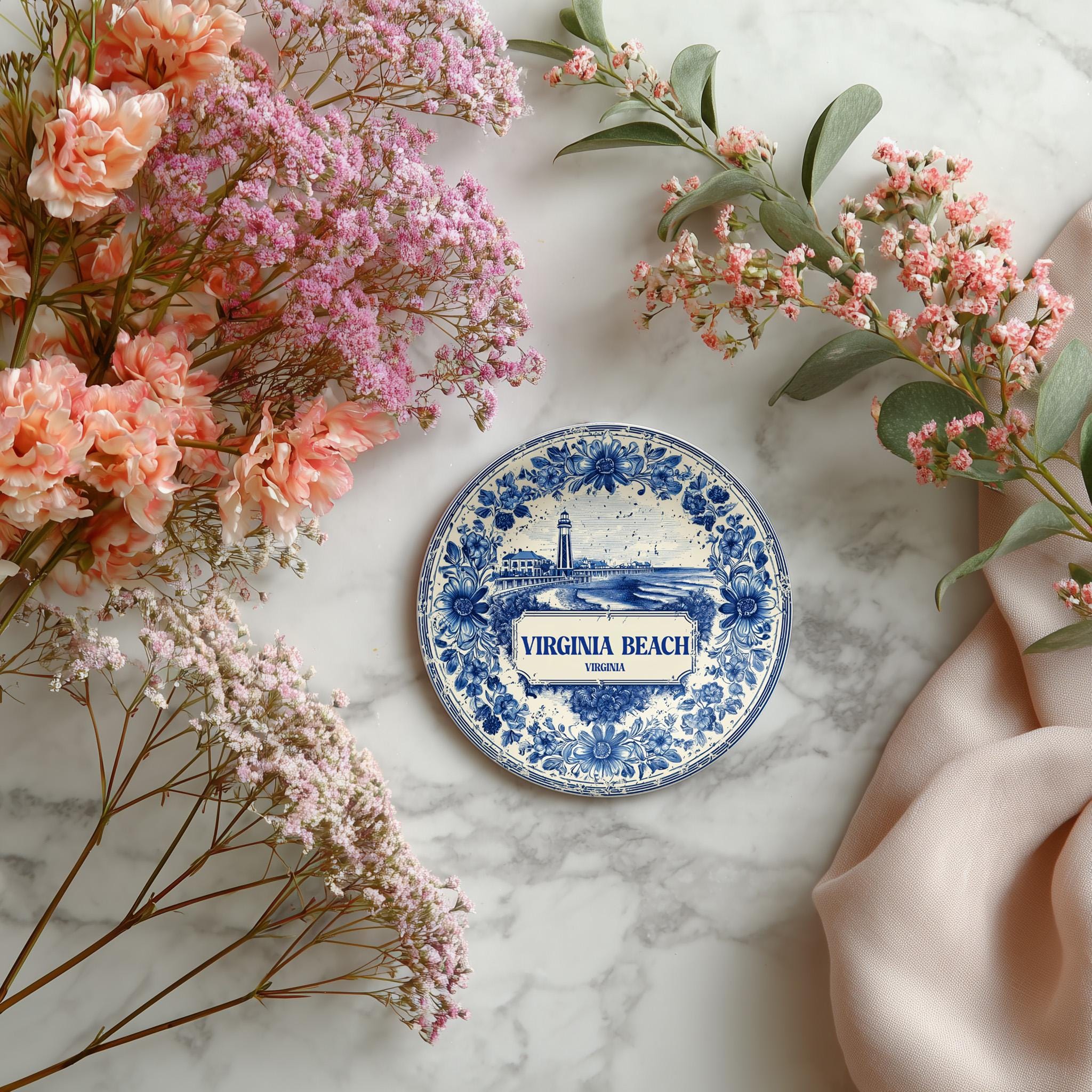 Virginia Beach Virginia Delftware Ceramic Coaster, Blue White Travel Gift, Vintage Home Decor Collectible - CuteBeePix