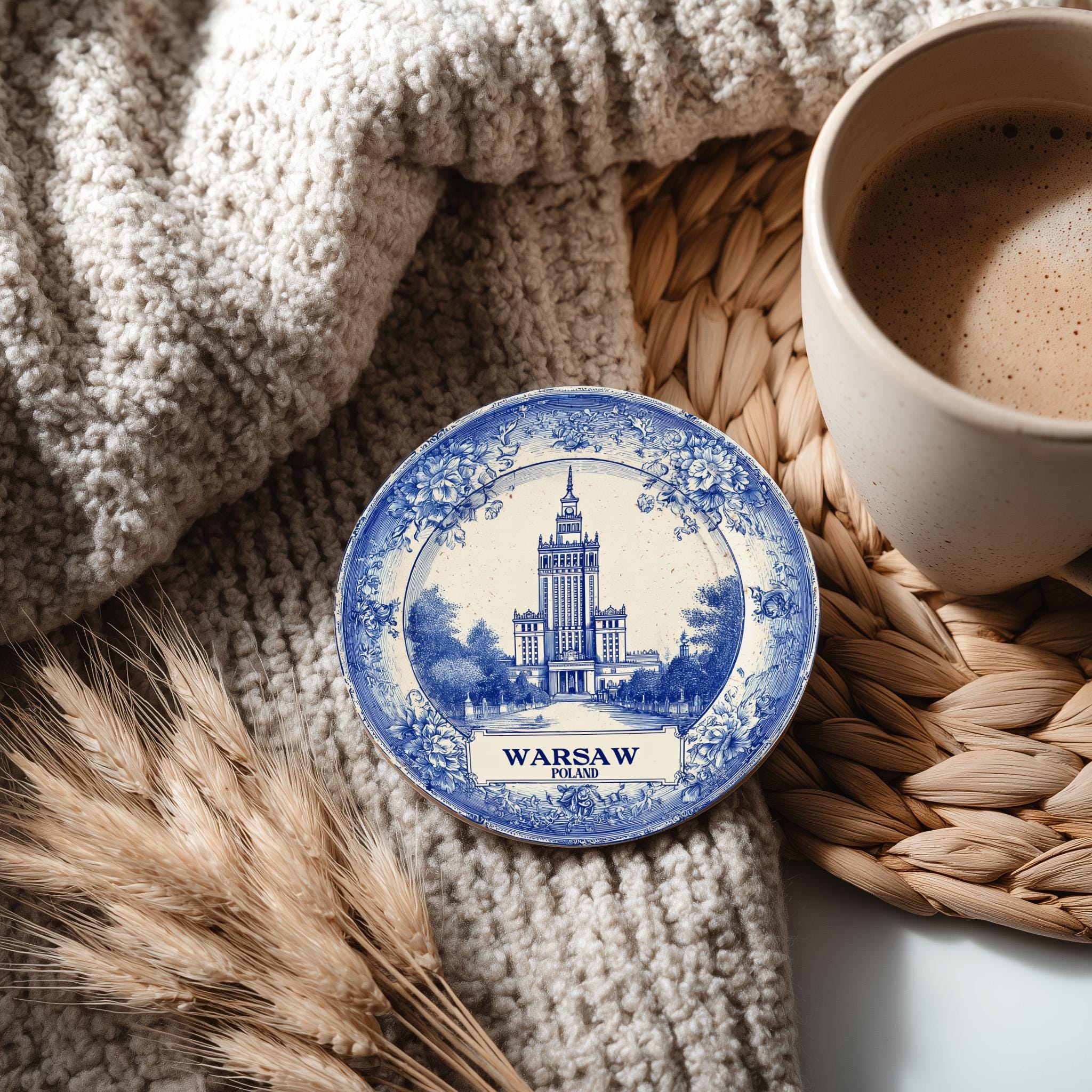 Warsaw Poland Delftware Ceramic Coaster, Blue White Travel Gift, Vintage Home Decor Collectible - CuteBeePix