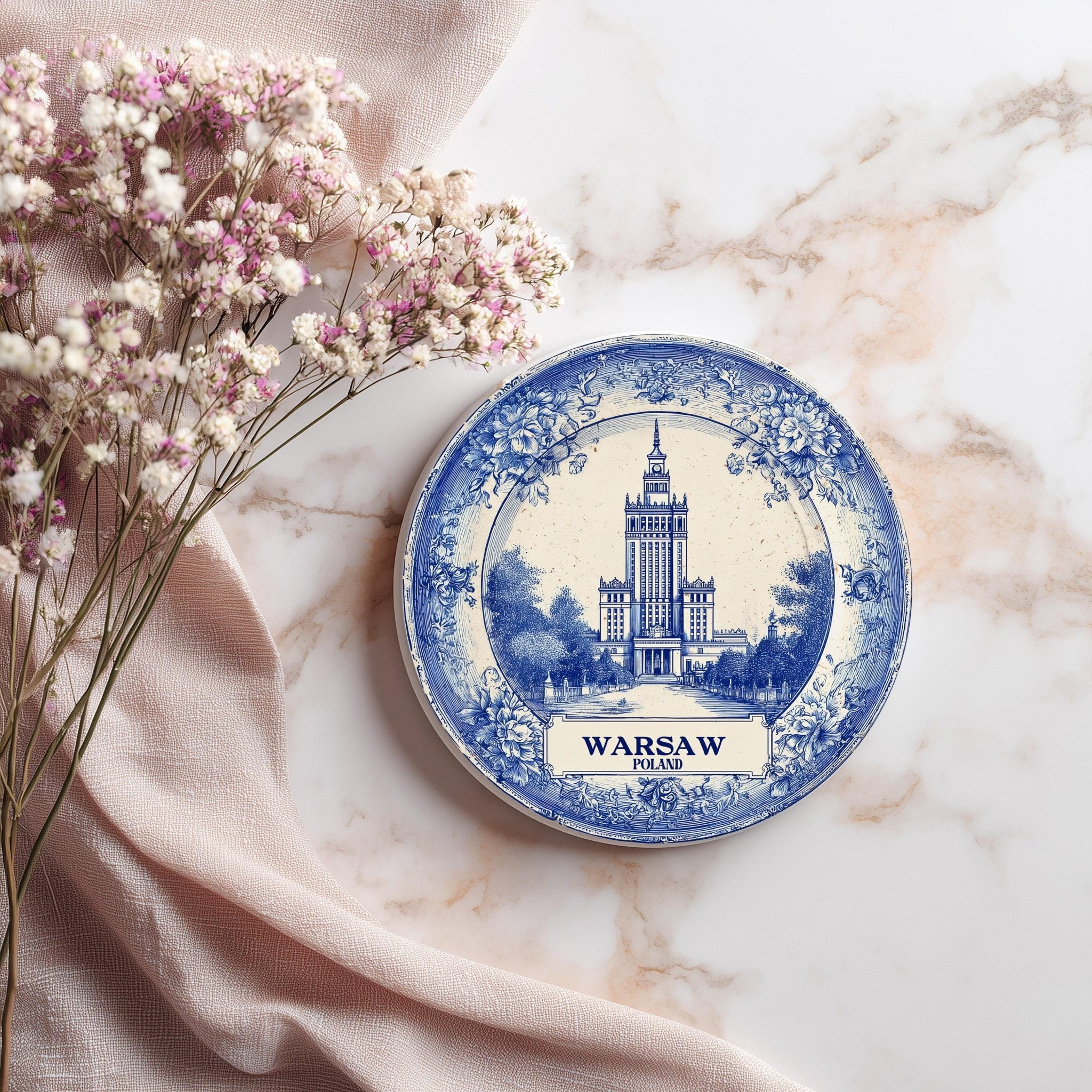Warsaw Poland Delftware Ceramic Coaster, Blue White Travel Gift, Vintage Home Decor Collectible - CuteBeePix