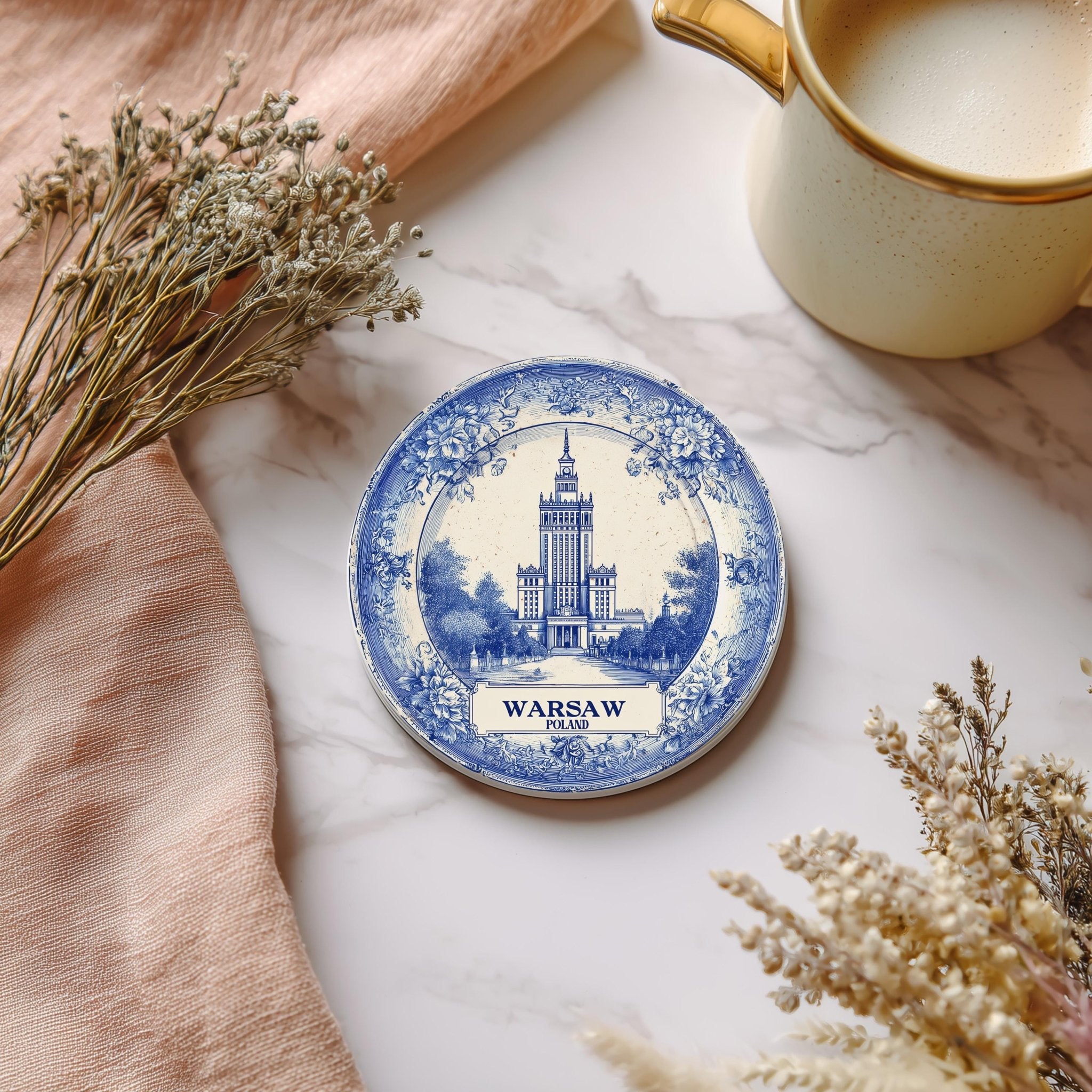 Warsaw Poland Delftware Ceramic Coaster, Blue White Travel Gift, Vintage Home Decor Collectible - CuteBeePix