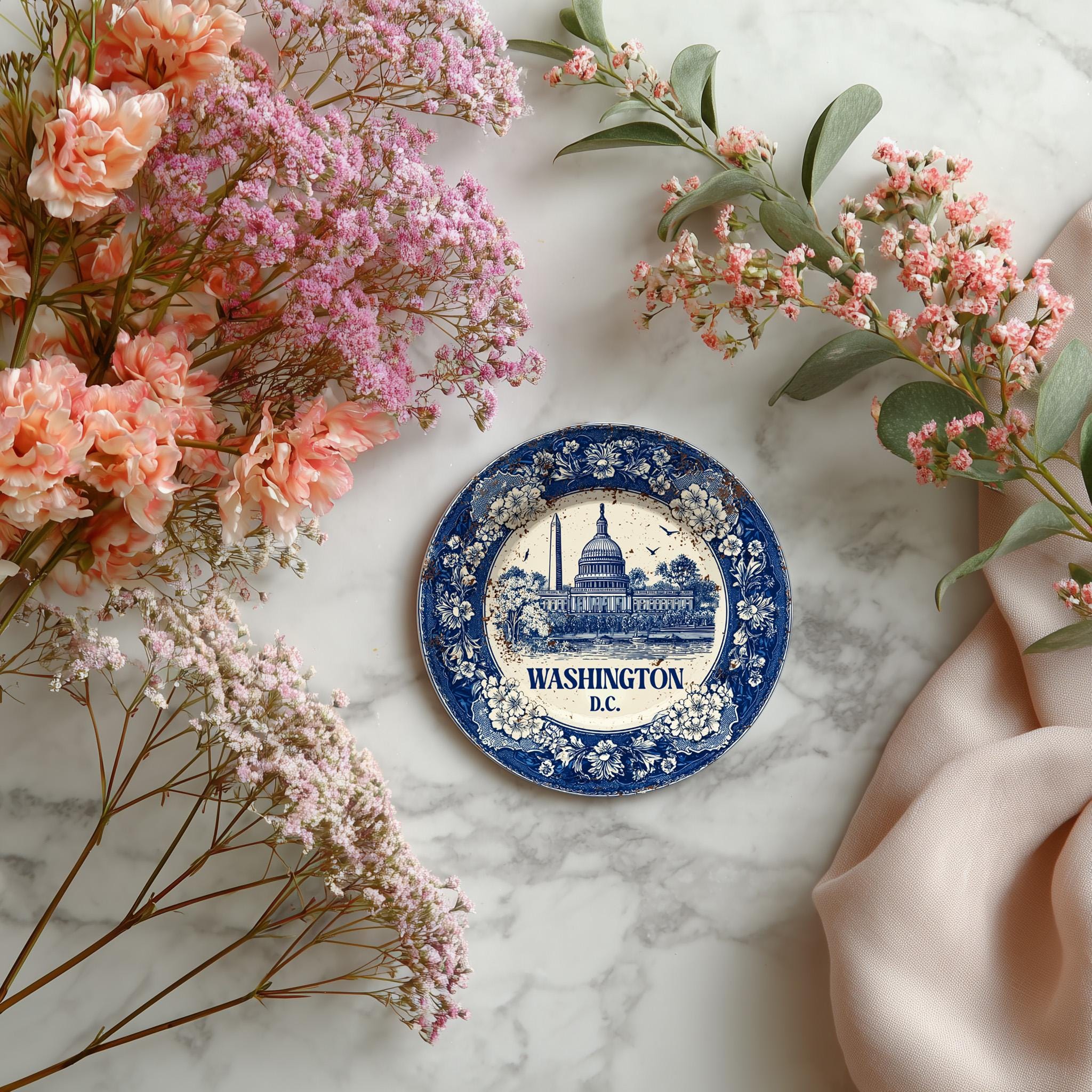 Washington DC Delftware Ceramic Coaster, Blue White Travel Gift, Vintage Home Decor Collectible - CuteBeePix